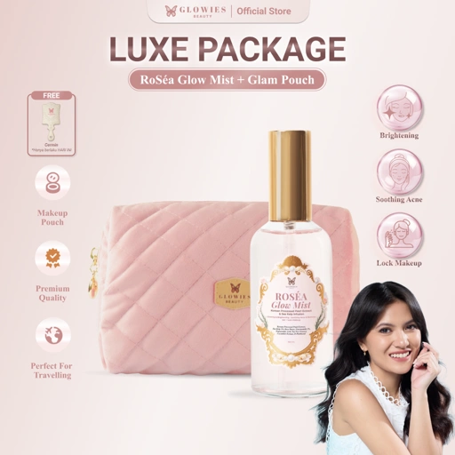 Luxe package RoSéa Glow Mist Pearl Extract with Korean Technology & Glam pouch Tempat Makeup Aesthetic