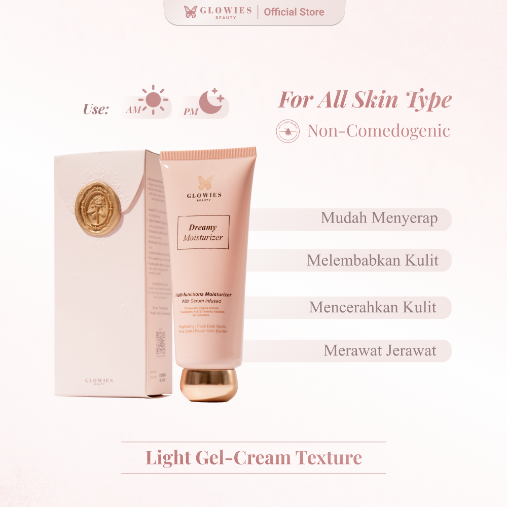 Glowies Beauty Dreamy Moisturizer 80ml 7% Azeclair Niacinimide Alpha Arbutin 5x Ceramide Pelembab wajah Formulasi Korea membantu Mencerahkan Menghilangkan jerawat PIE PIH Memperbaiki Skin Barrier dan Acne Repair Non Comedogenic Busui Friendly