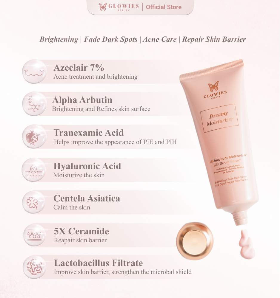 Glowies Beauty Dreamy Moisturizer 80ml 7% Azeclair Niacinimide Alpha Arbutin 5x Ceramide Pelembab wajah Formulasi Korea membantu Mencerahkan Menghilangkan jerawat PIE PIH Memperbaiki Skin Barrier dan Acne Repair Non Comedogenic Busui Friendly