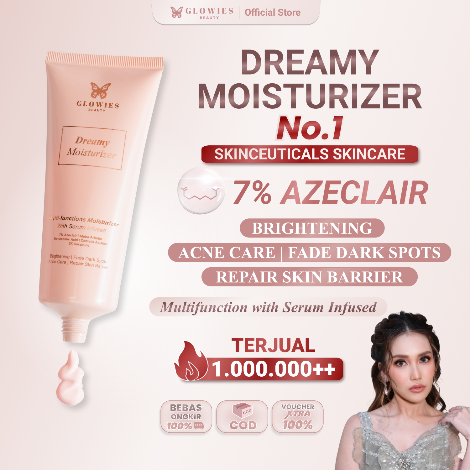 Glowies Beauty Dreamy Moisturizer 80ml 7% Azeclair Niacinimide Alpha Arbutin 5x Ceramide Pelembab wajah Formulasi Korea membantu Mencerahkan Menghilangkan jerawat PIE PIH Memperbaiki Skin Barrier dan Acne Repair Non Comedogenic Busui Friendly