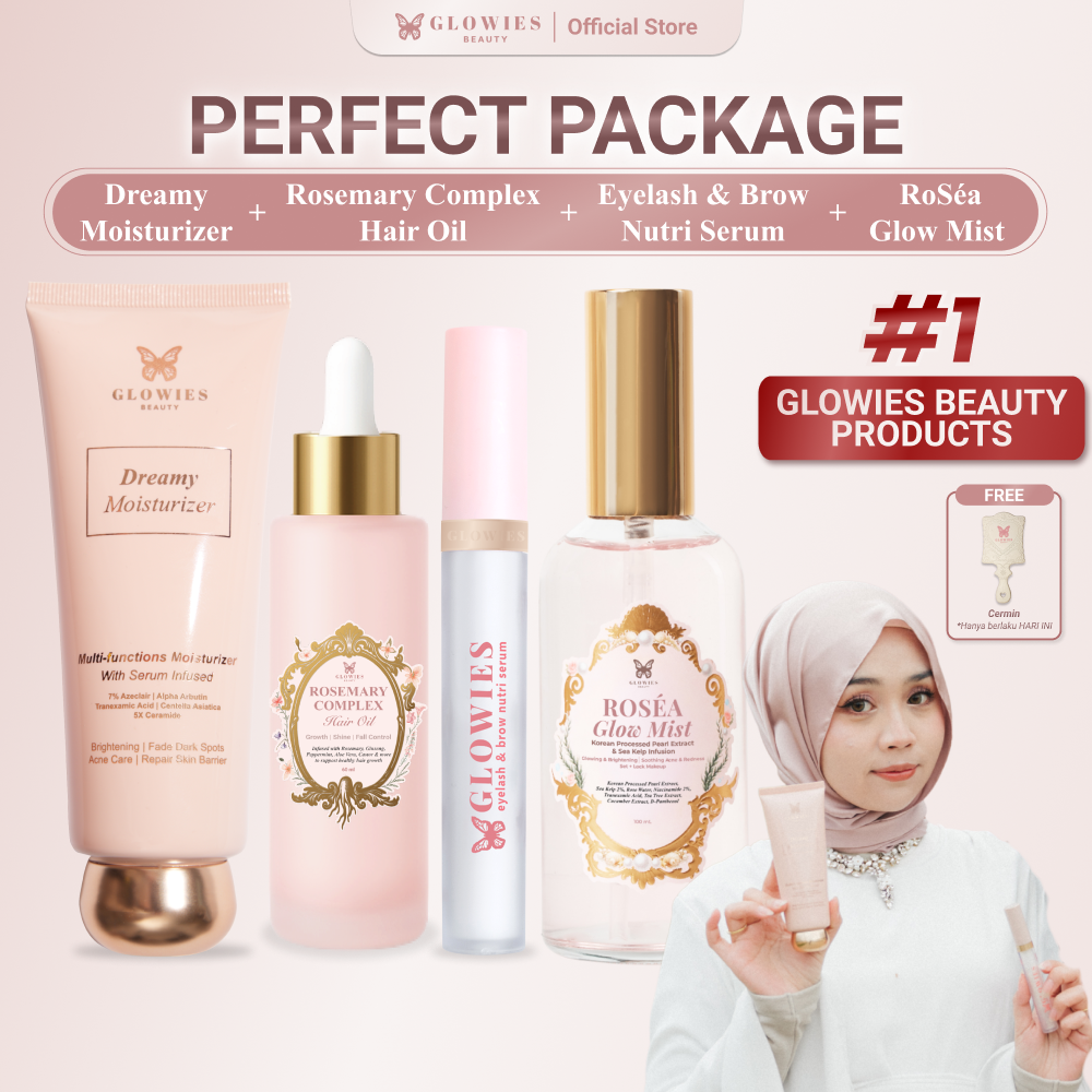 Perfect Package RoSéa Glow Mist Pearl Extract with Korean Technology & Dreamy Moisturizer Pelembab Wajah & Eyelash Brow Nutri Serum membantu memanjangkan Bulu Mata & Rosemary Complex Hair Oil Penumbuh Rambut Alami