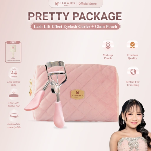 Glowies Beauty 2 in1 Pretty Package Glam Pouch Tas Makeup Dimension Penjepit Bulu Mata Melentikan Bulu Mata Glowies Lash Lift Effect Eyelash Curler Composition Stainless Stell