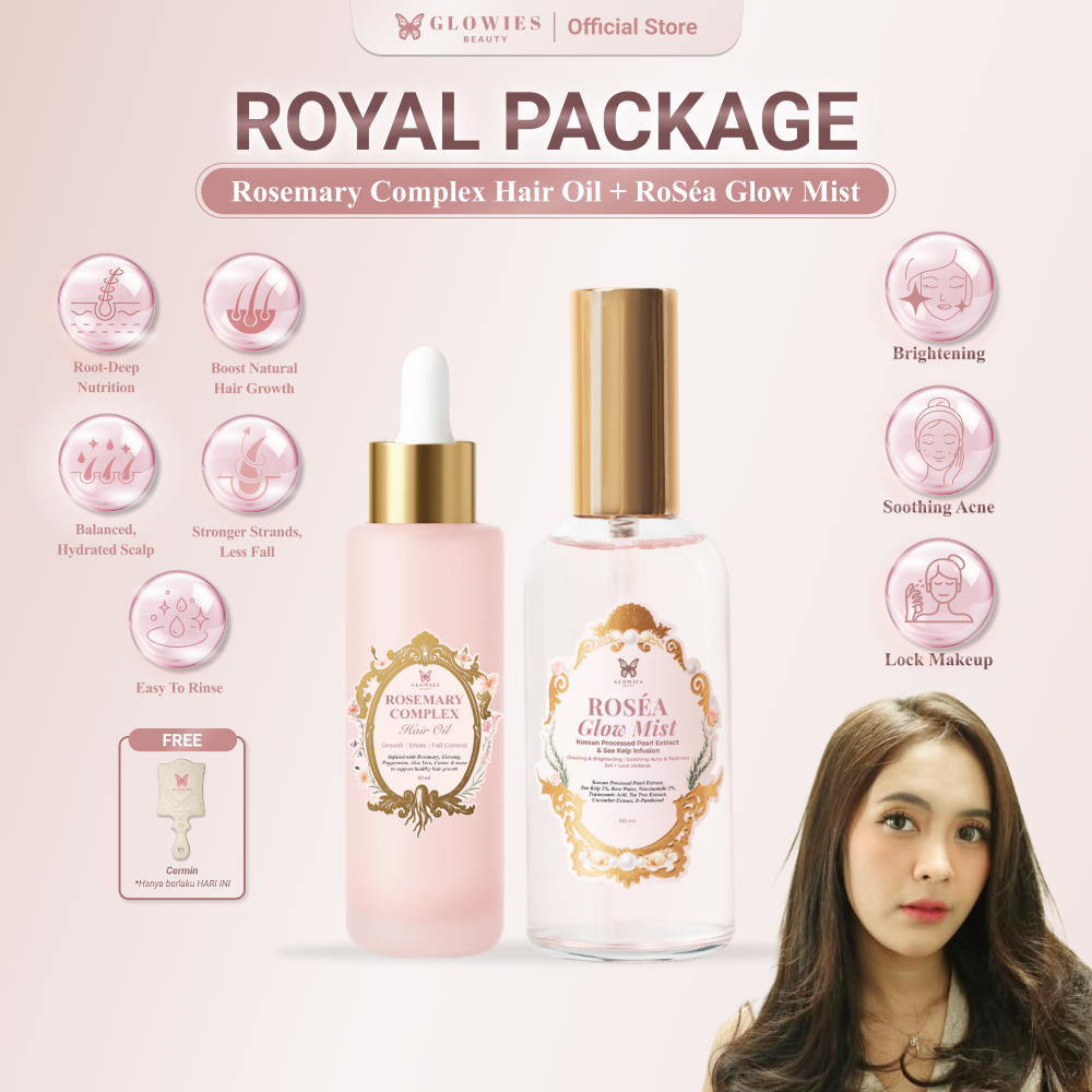 Royale Package RoSéa Glow Mist Pearl Extract with Korean Technology & Rosemary Complex Hair Oil Penumbuh Rambut Alami dengan 92% Natural Ingredients atasi Rambut Rontok & Rapuh dilengkapi dengan Rosemary