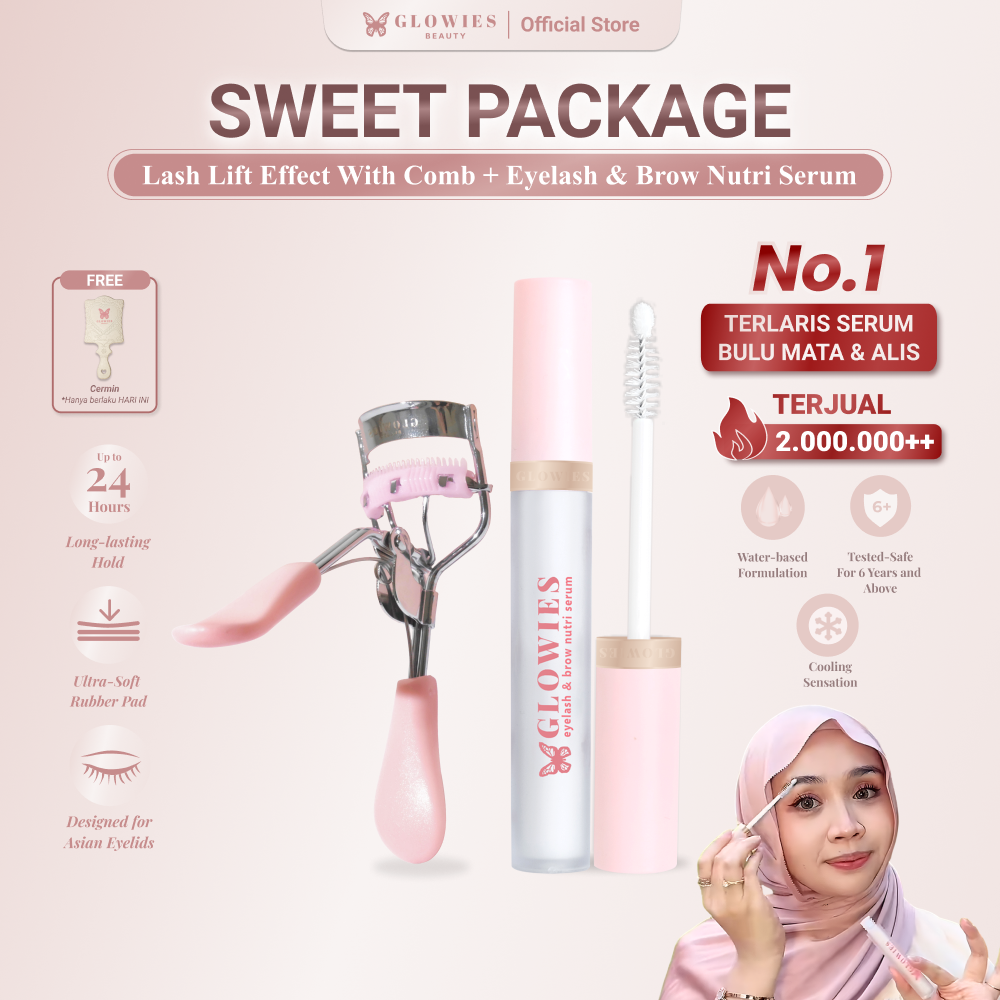 Glowies Beauty 2pcs Sweet Package Paket Serum Bulu Mata & Penjepit Bulu Mata sisir ampuh Memanjangan Bulu Mata dan Alis