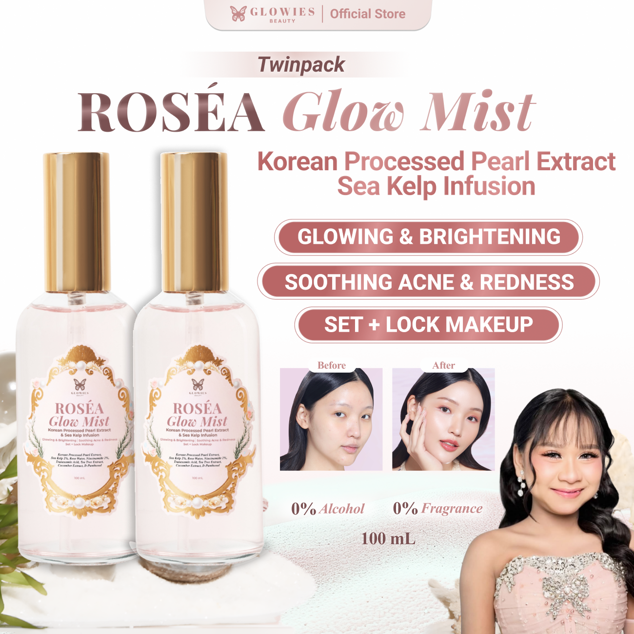 [2 PCS] Glow Mist Glowies Niacinamide RoSéa Glow Mist Get 2 Pcs Face Mist with Korean Technology & Sea Kelp Infusion Rose extract Niacinamade Tranexamic Acid Face Mist 100ml