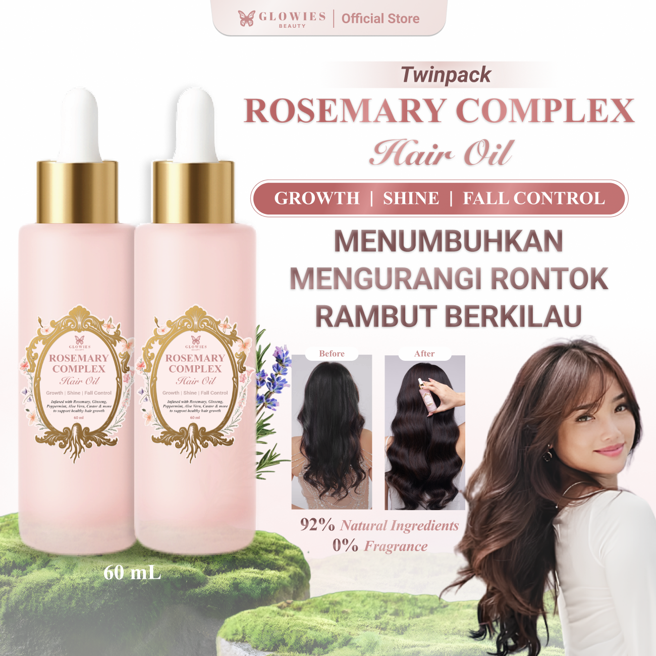 [2 PCS] Hair Oil Anti Rontok Glowies Rosemary Complex Hair Oil Get 2 pcs Paket Hemat Penumbuh Rambut Alami Atasi Rambut Rontok Kering & Rapuh Hair Growth Oil dengan Rosemary Ginseng Castor Aloe Vera Natural Ingredients