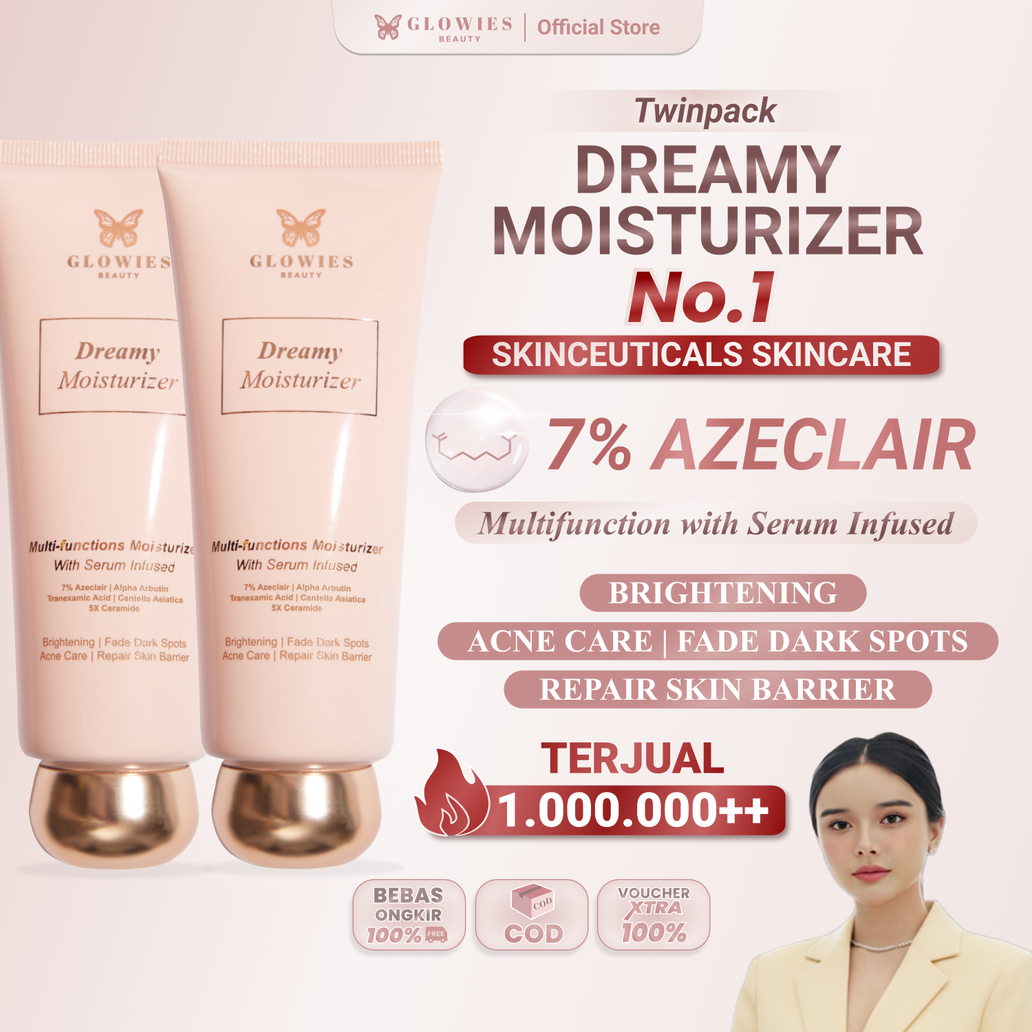 [2 PCS]  Dreamy Moisturizer  Glowies Beauty Twinpack 80ml Korean Formulation membantu Menghilangkan bekas jerawat PIE PIH 7% Azeclair 6% Niacinimide Alpha Arbutin 5x Ceramide Pelembab wajah Kering Memperbaiki Skin Barrier dan Acne Repair