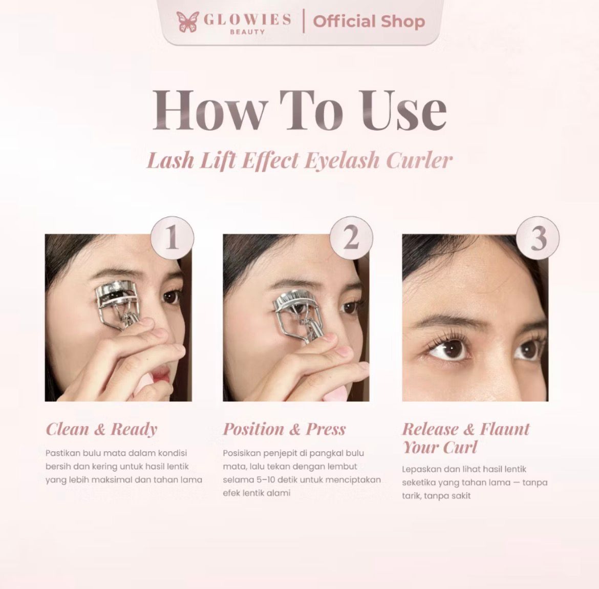 Glowies Beauty Penjepit Bulu Mata Lash Lift Effect Eyelash Curler Penjepit Bulu Mata Jepitan Mata Composition Stainless Stell Serum Bulu Mata dan Alis Menumbuhkan Bulu Mata dan Alis Pelentik Bulu Mata