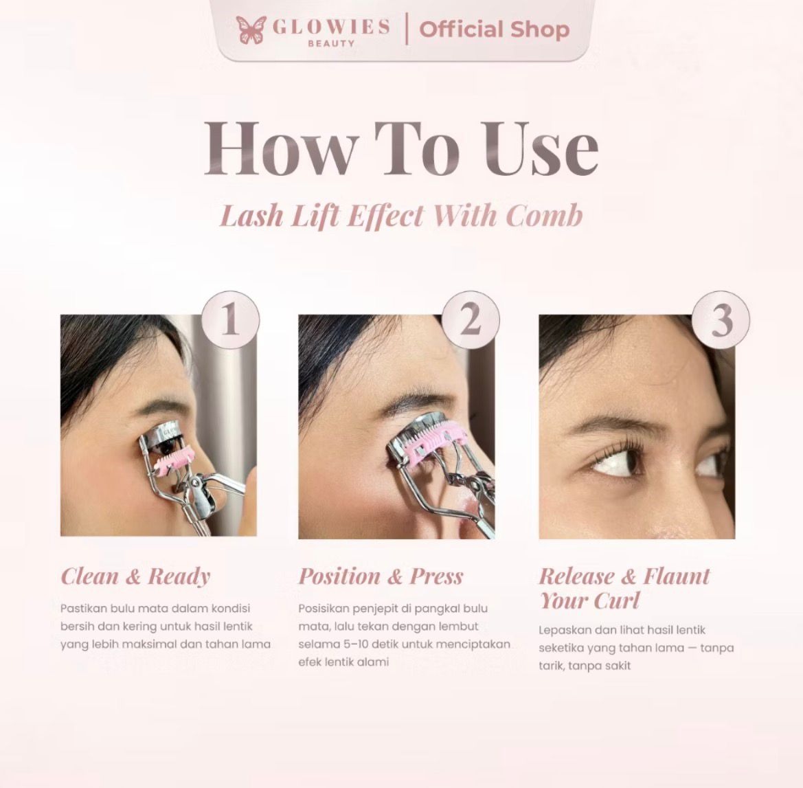 Glowies Beauty Penjepit Bulu Mata Melentikan Bulu Mata Lash Lift Effect With Comb Eyelash Curler Penjepit Bulu Mata Jepitan Mata Composition Stainless Stell