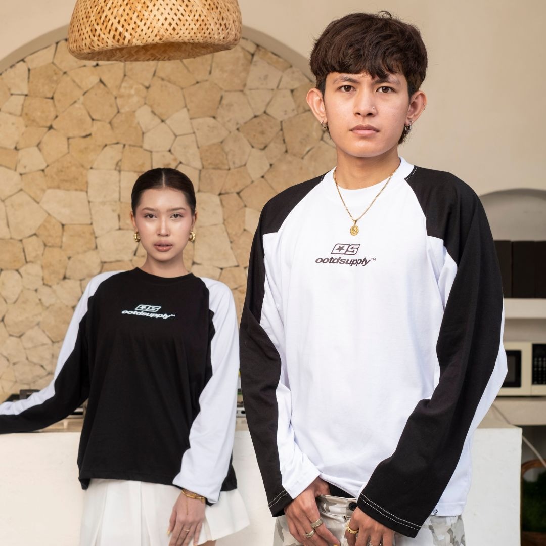 OOTDSUPPLY Longsleeve Boxy Raglan Nero OS Star White - Black | Kaos Boxyfit | OS-LSBX-RGL-NR-WB-03