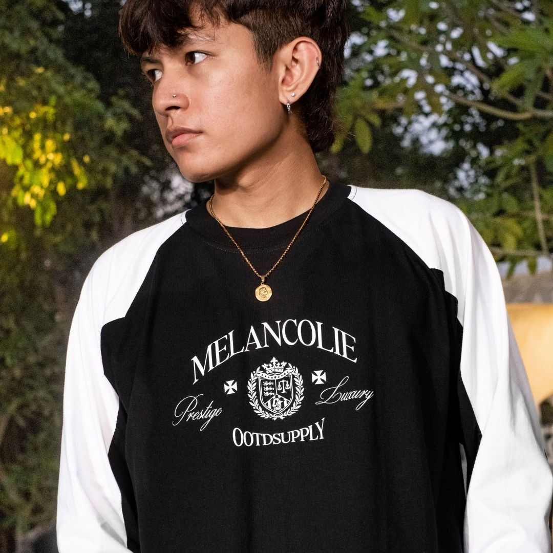 OOTDSUPPLY Longsleeve Boxy Raglan Nero Melancolie Black White | Kaos Boxyfit | OS-LSBX-RGL-NR-BW-02