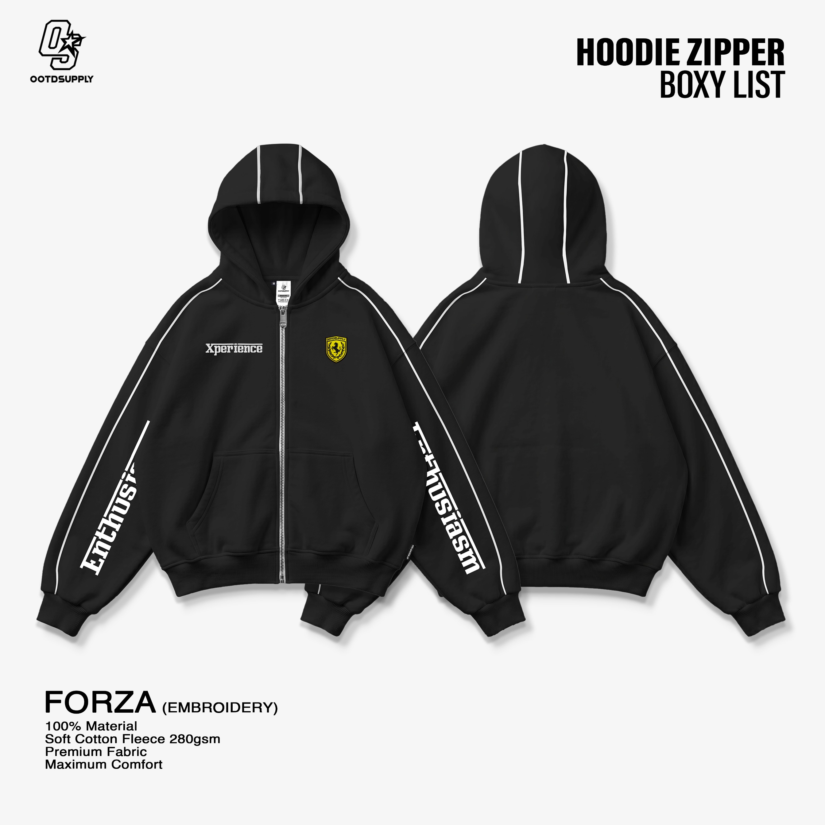 OOTDSUPPLY Hoodie Zipper BoxyFit Forza Embroiderry Red & Black l Hoodie Boxy Zipper List Series | OS-HDBX-ZP-LIST-RC-001E