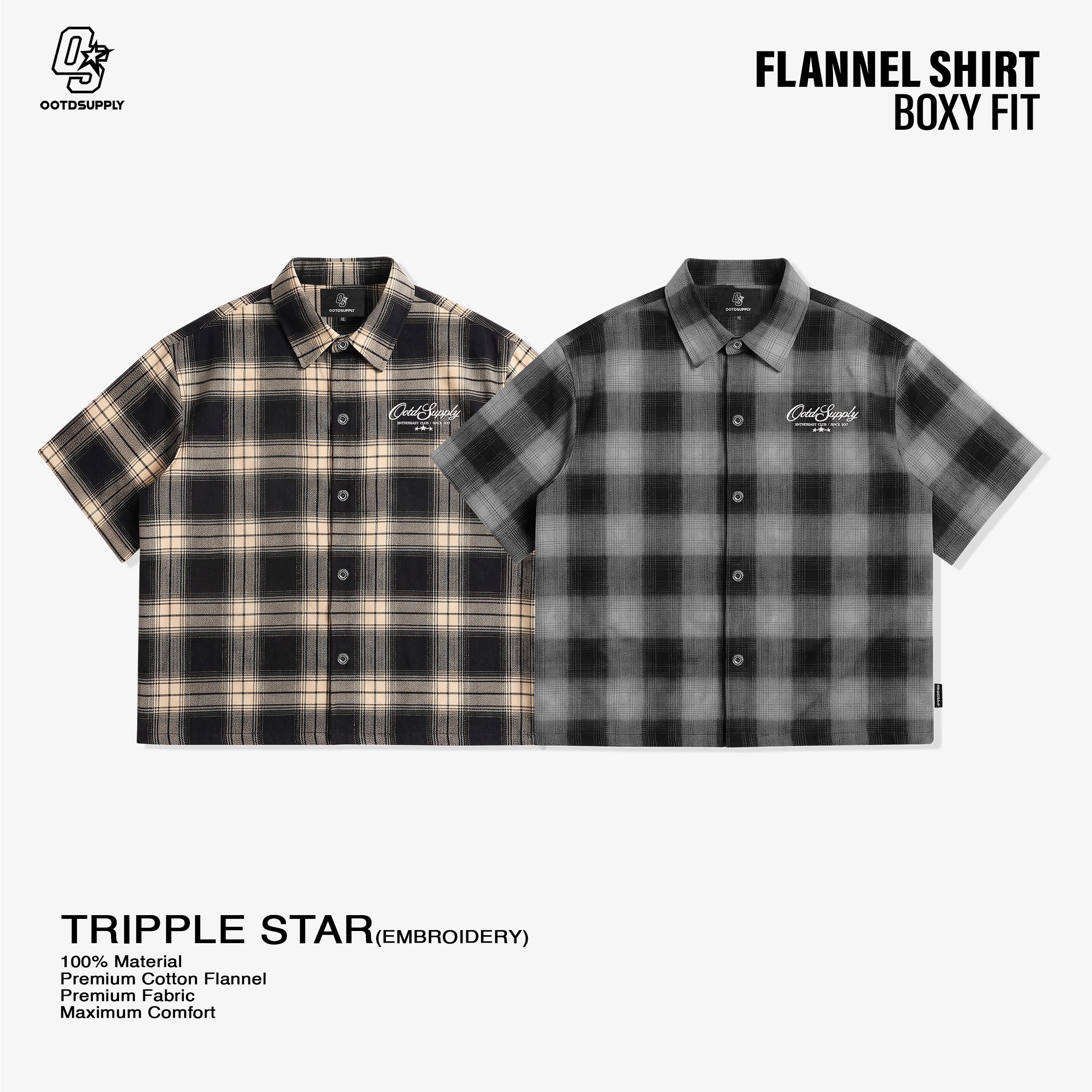 OOTDSUPPLY Kemeja Flannel Tripple Star Embroidery Boxy Oversize | Workshirt Flannel Lengan Pendek Pria Wanita | Casual Streetwear | OS-KMJFL01-01E