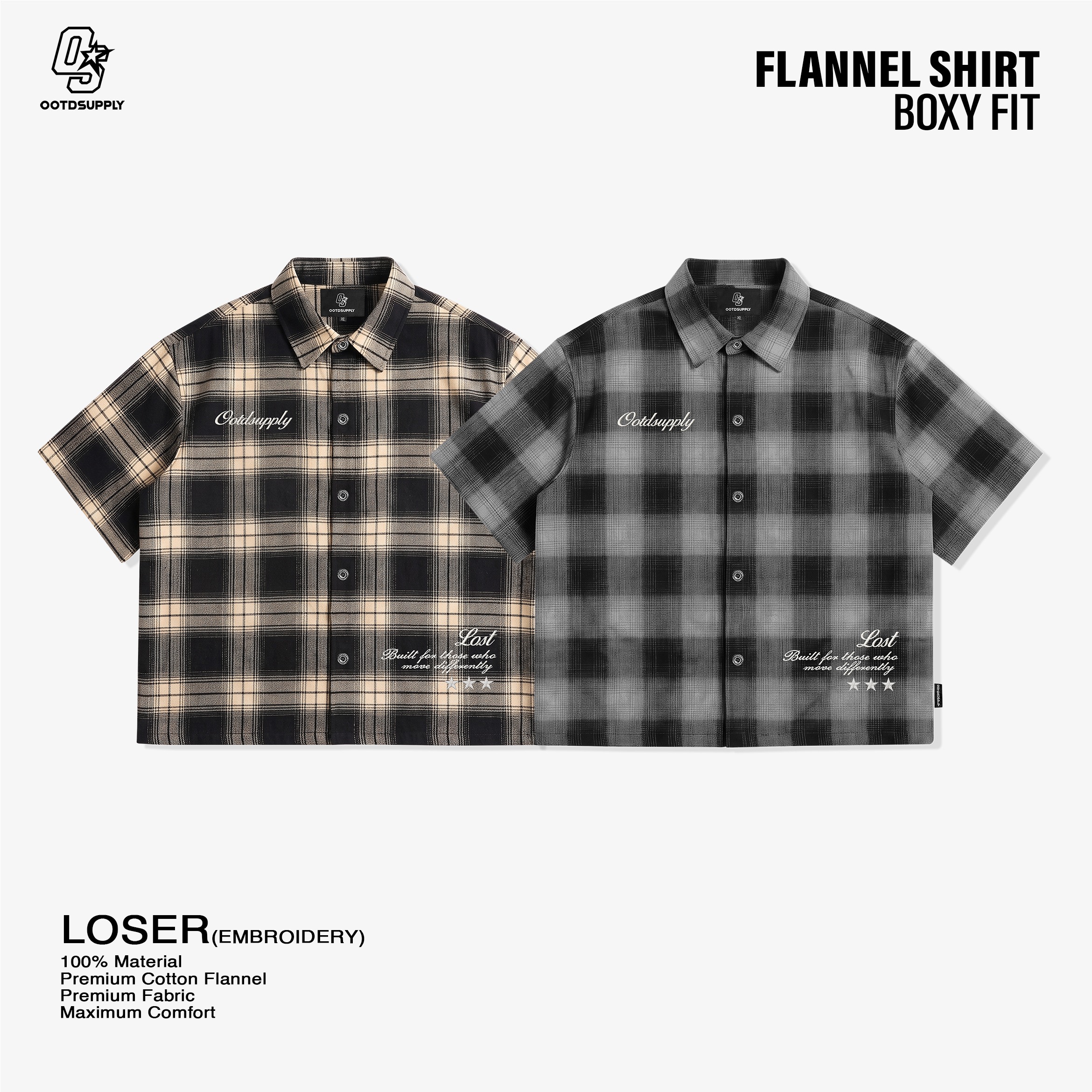 OOTDSUPPLY Kemeja Flannel Loser Embroidery Boxy Oversize | Workshirt Flannel Lengan Pendek Pria Wanita | Casual Streetwear | OS-KMJFL01-02E
