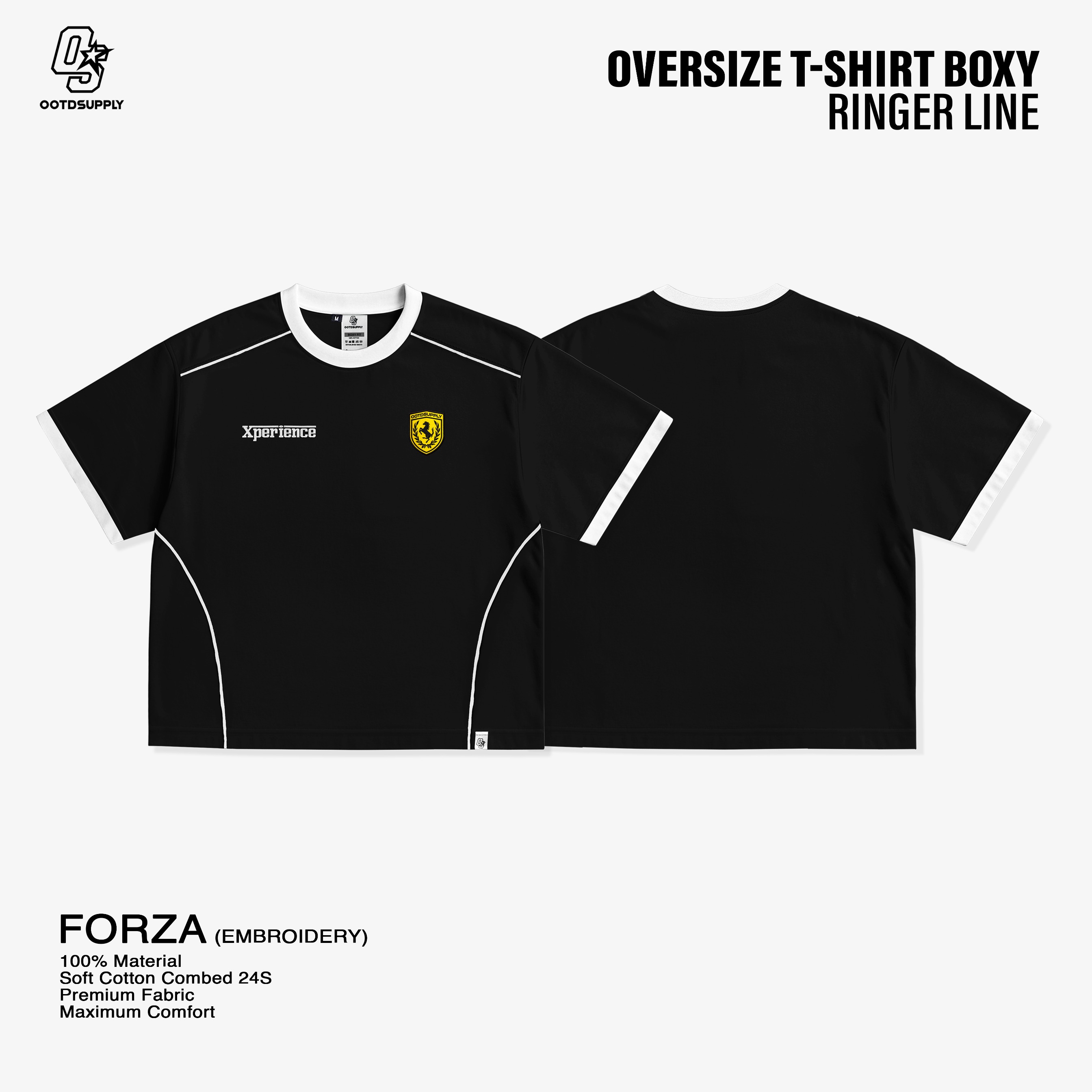 OOTDSUPPLY Oversize Boxy Ringer Line Forza Embroiderry Red Chili & Black l Kaos Boxy Unisex Ringer Series | OS-OVZ-BX-RL-RC-001E