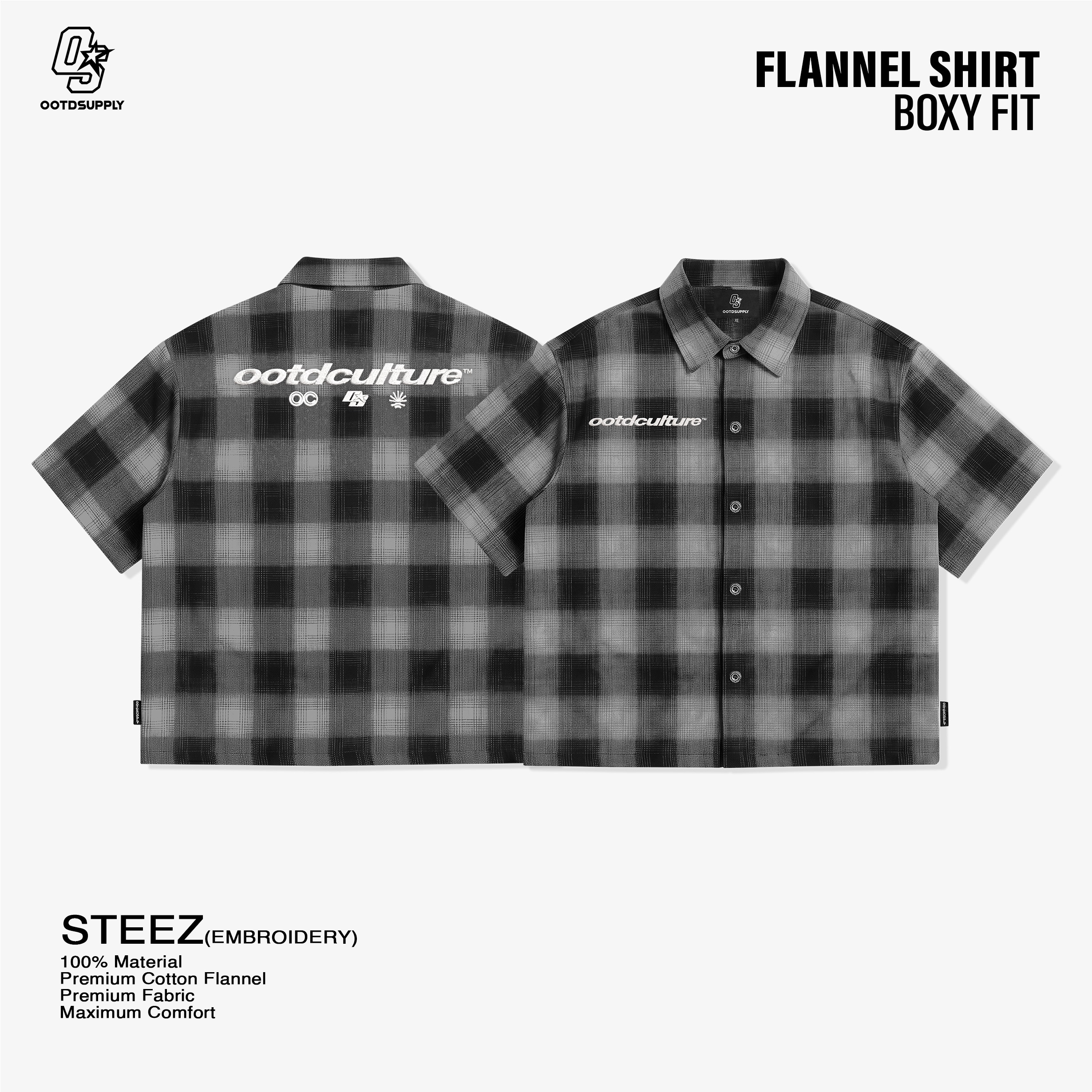 OOTDSUPPLY Kemeja Flannel Steez Embroidery Boxy Oversize | Workshirt Flannel Lengan Pendek Pria Wanita | Casual Streetwear | OS-KMJFL02-03E