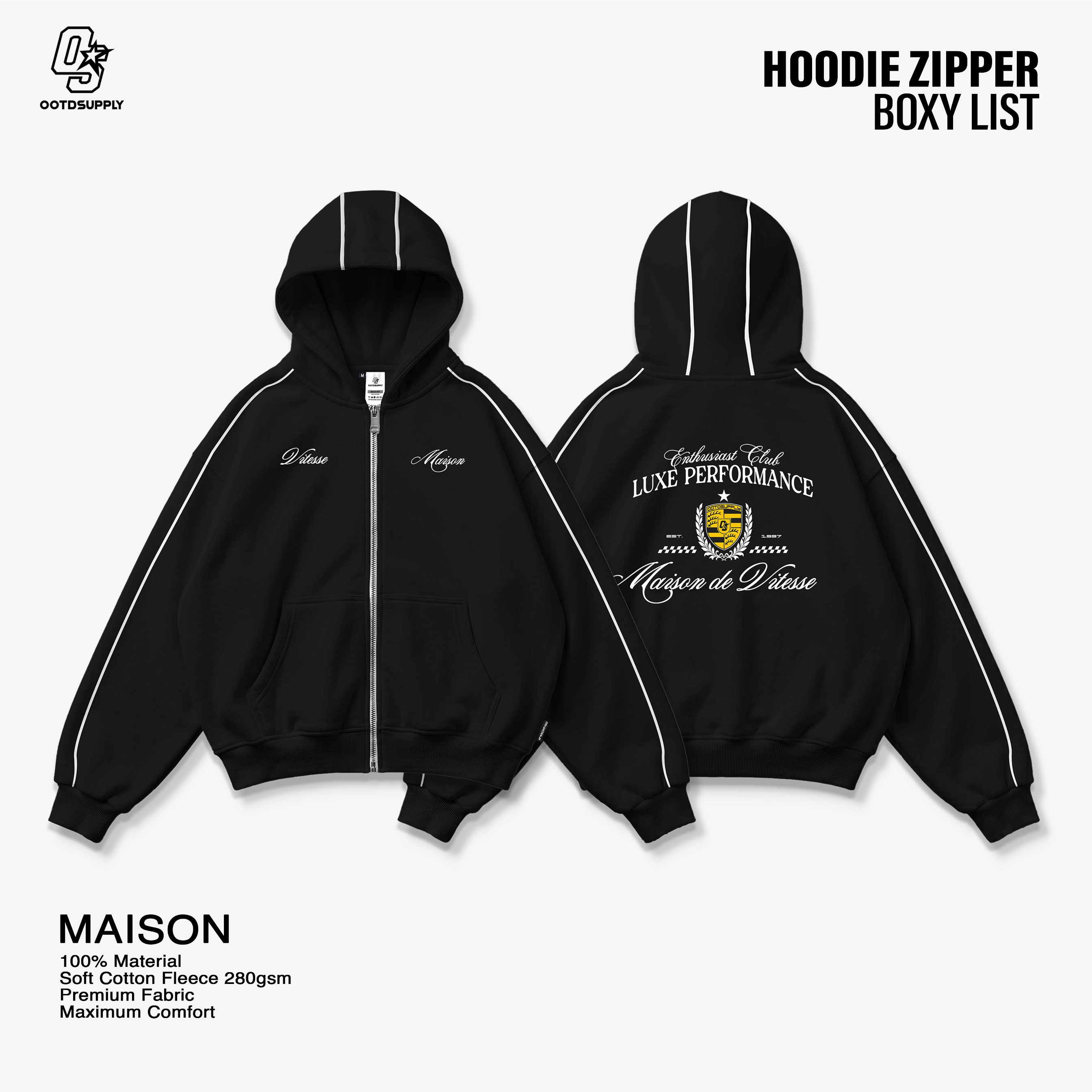 OOTDSUPPLY Hoodie Zipper BoxyFit Maison Red & Black l Hoodie Boxy Zipper List Series | OS-HDBX-ZP-LIST-RC-003