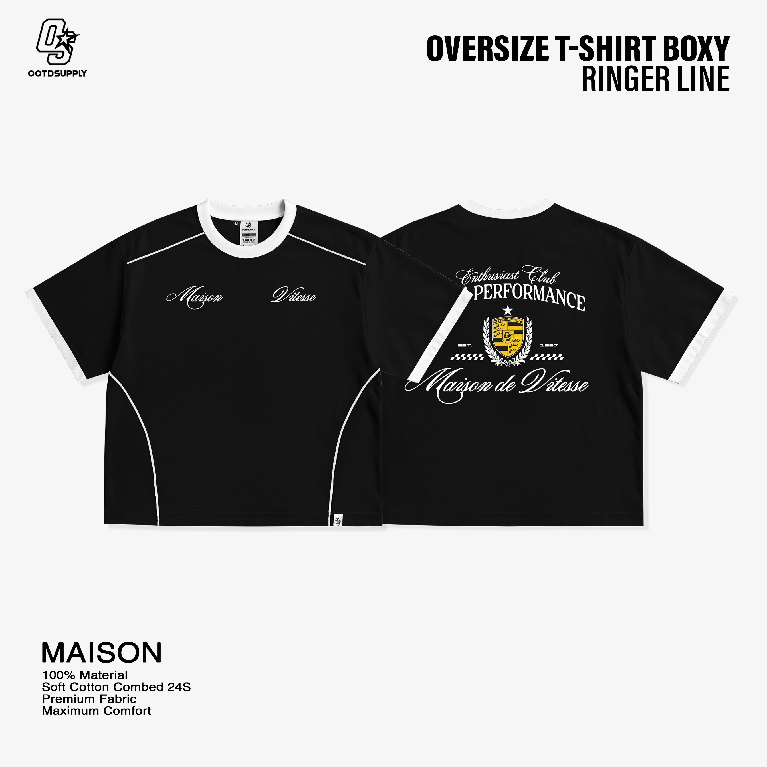 OOTDSUPPLY Oversize Boxy Ringer Line Maison Red Chili & Black l Kaos Boxy Unisex Ringer Series | OS-OVZ-BX-RL-RC-003