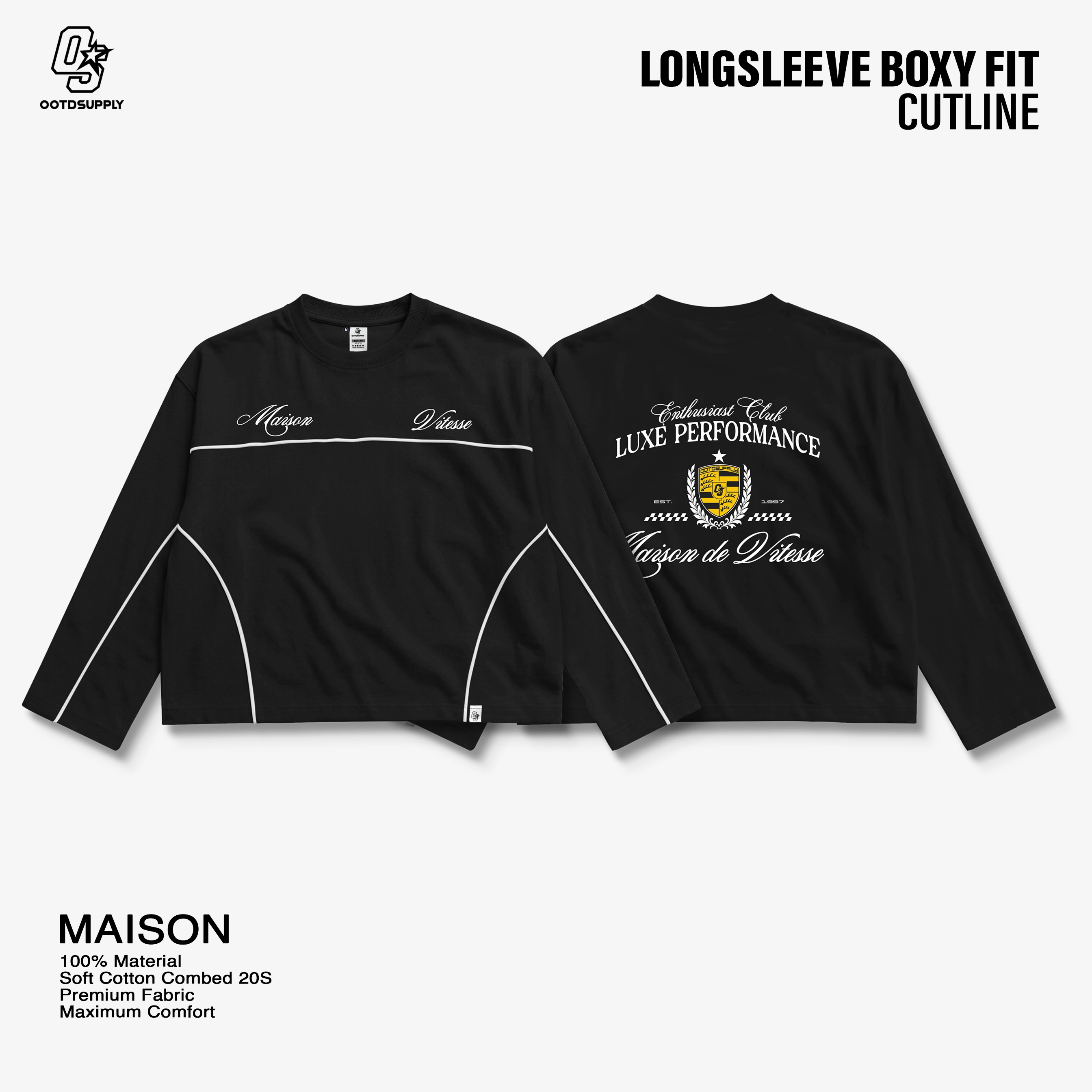 OOTDSUPPLY Longsleeve Boxy Cutline Maison Red Chili & Black l Kaos Panjang Boxy List Unisex | LS-BX-CL-007