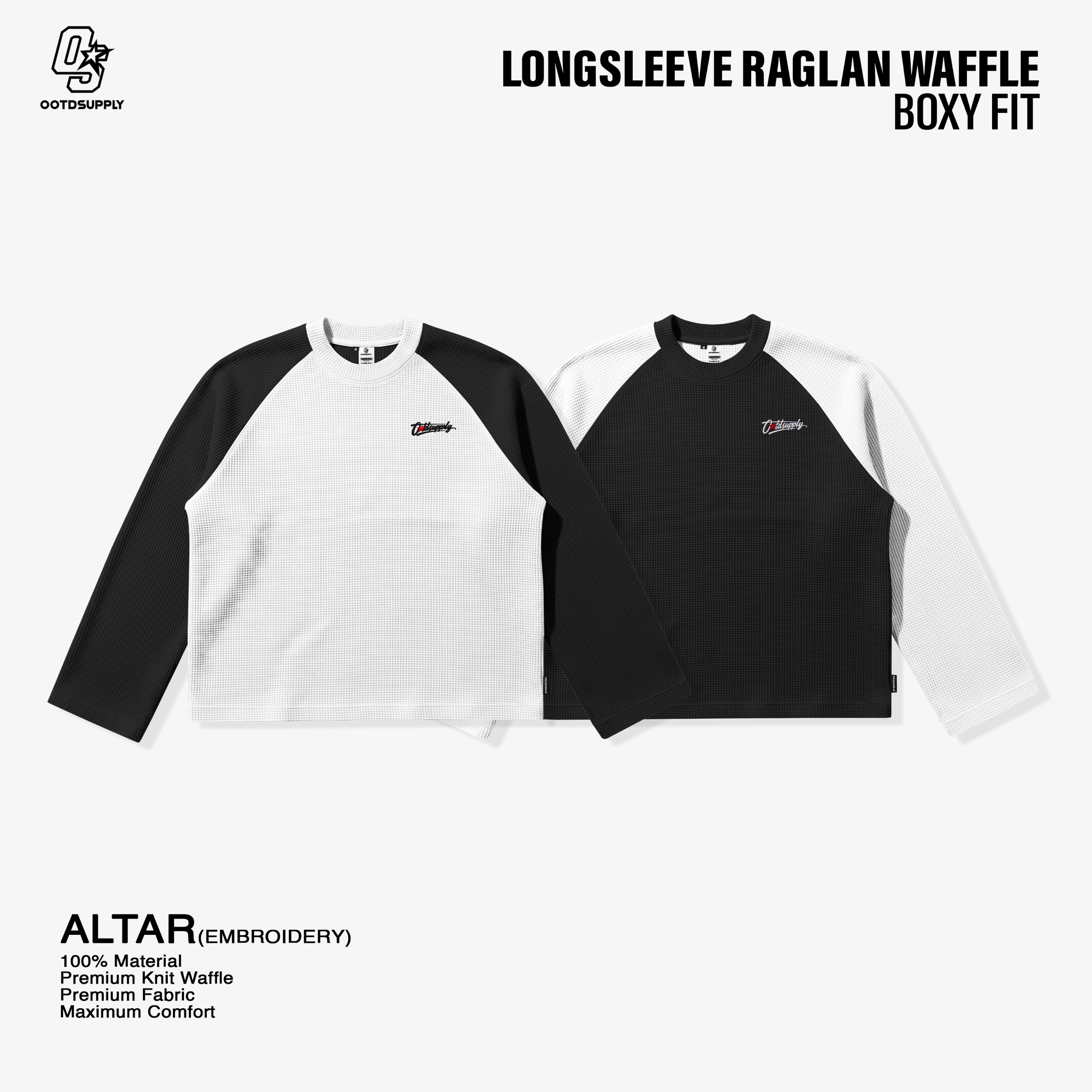 OOTDSUPPLY Longsleeve Boxy Raglan Waffle Altar Embroidery | Kaos Oversize Lengan Panjang Pria Wanita | Streetwear Unisex | OS-LSBX-RGL-WFL-WB-001E