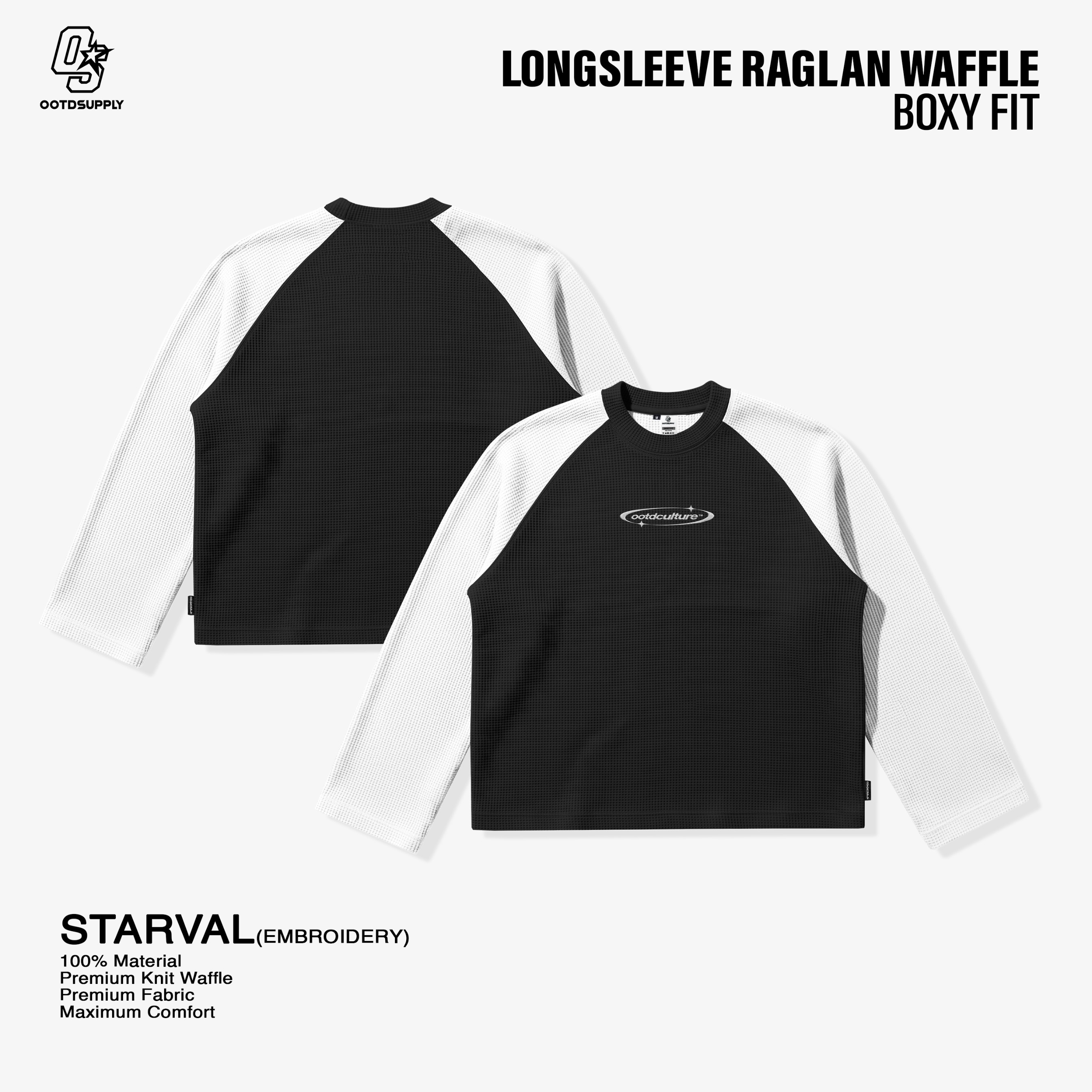 OOTDSUPPLY Longsleeve Boxy Raglan Waffle Starval Embroidery Black White | Kaos Oversize Lengan Panjang Pria Wanita | Streetwear Unisex | OS-LSBX-RGL-WFL-BW-003E