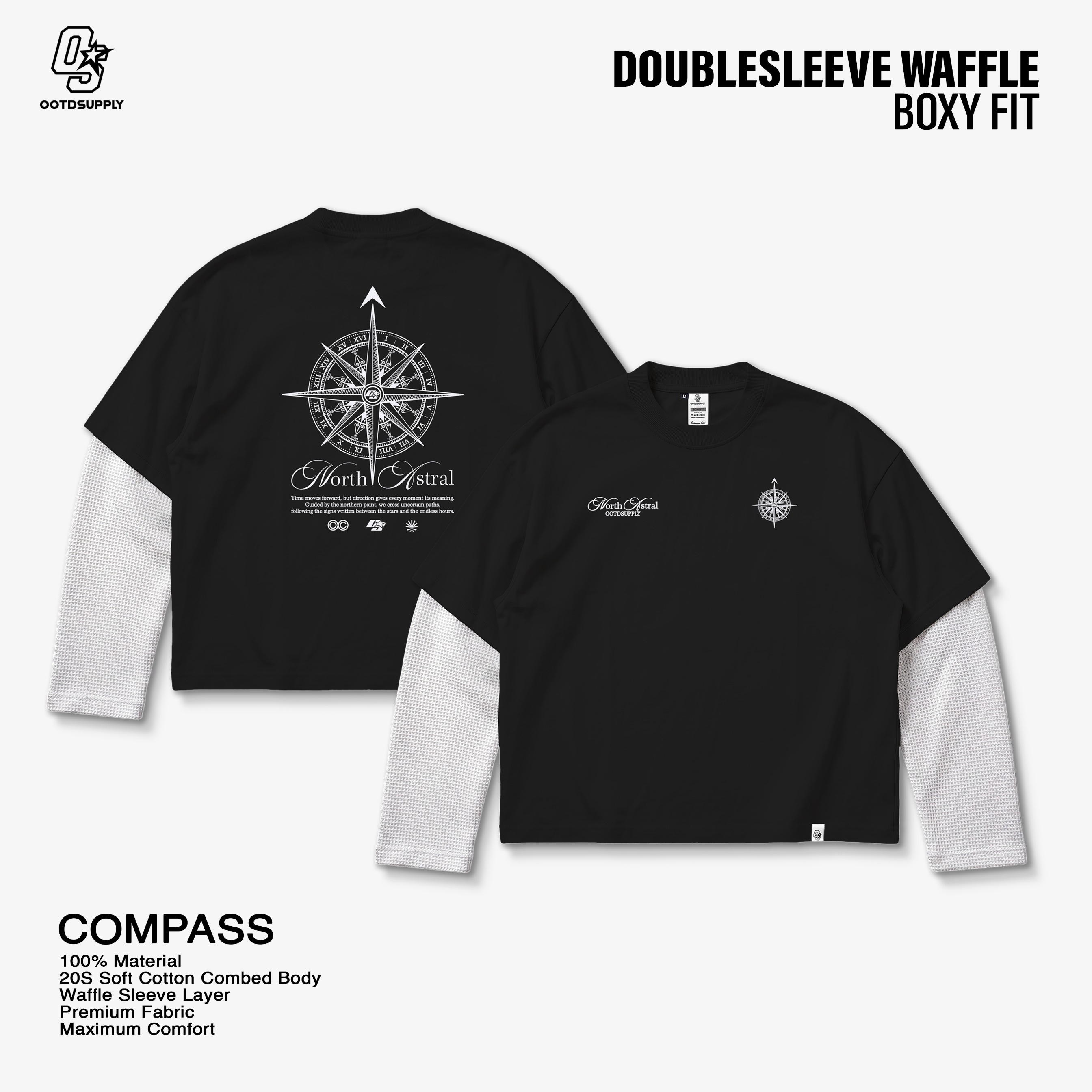 OOTDSUPPLY Longsleeve Boxy Combi Waffle Compass Black White | Kaos Oversize Lengan Panjang Pria Wanita | Streetwear Unisex | OS-DS-BX-WFL-BW-001