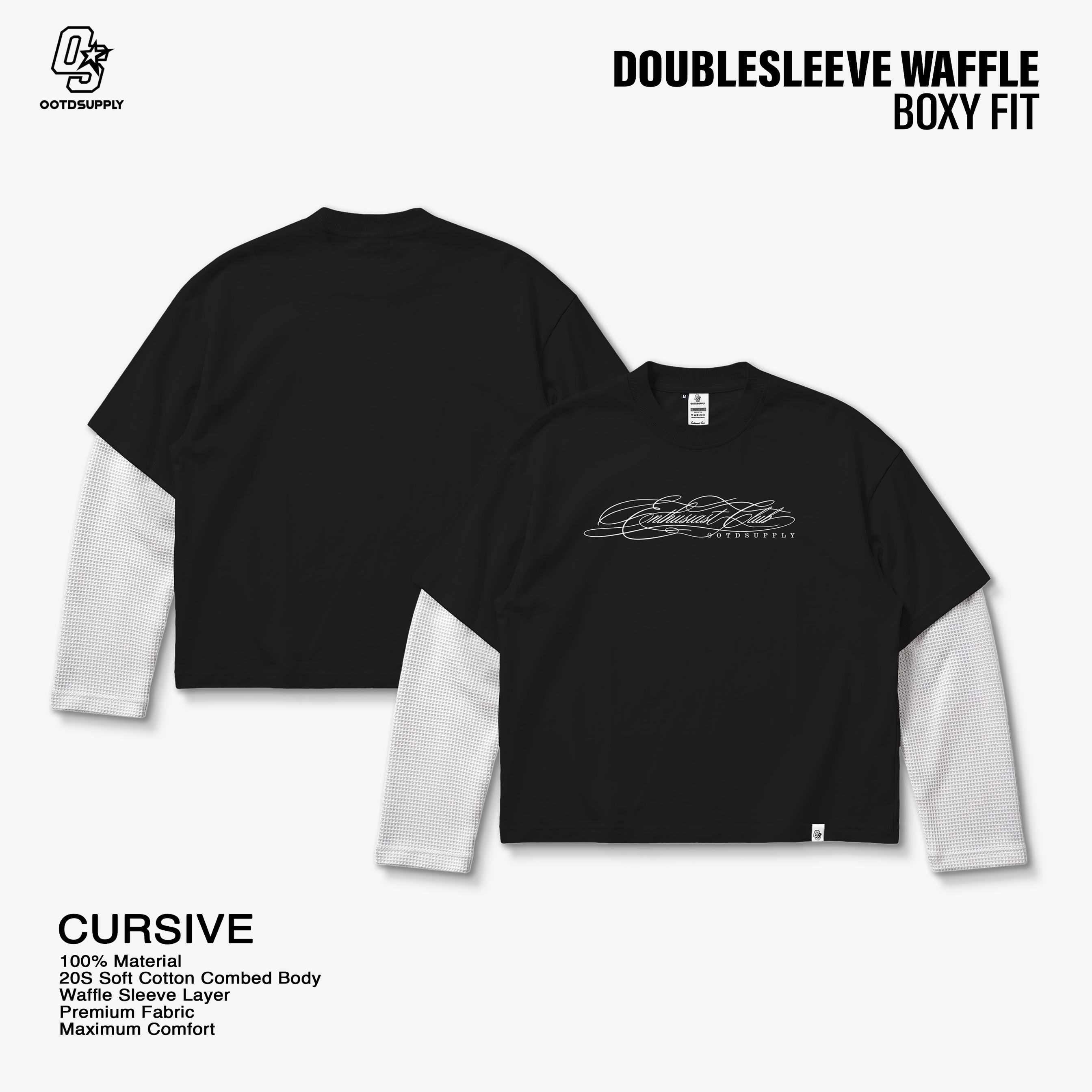 OOTDSUPPLY Longsleeve Boxy Combi Waffle Cursive Black White | Kaos Oversize Lengan Panjang Pria Wanita | Streetwear Unisex | OS-DS-BX-WFL-BW-002