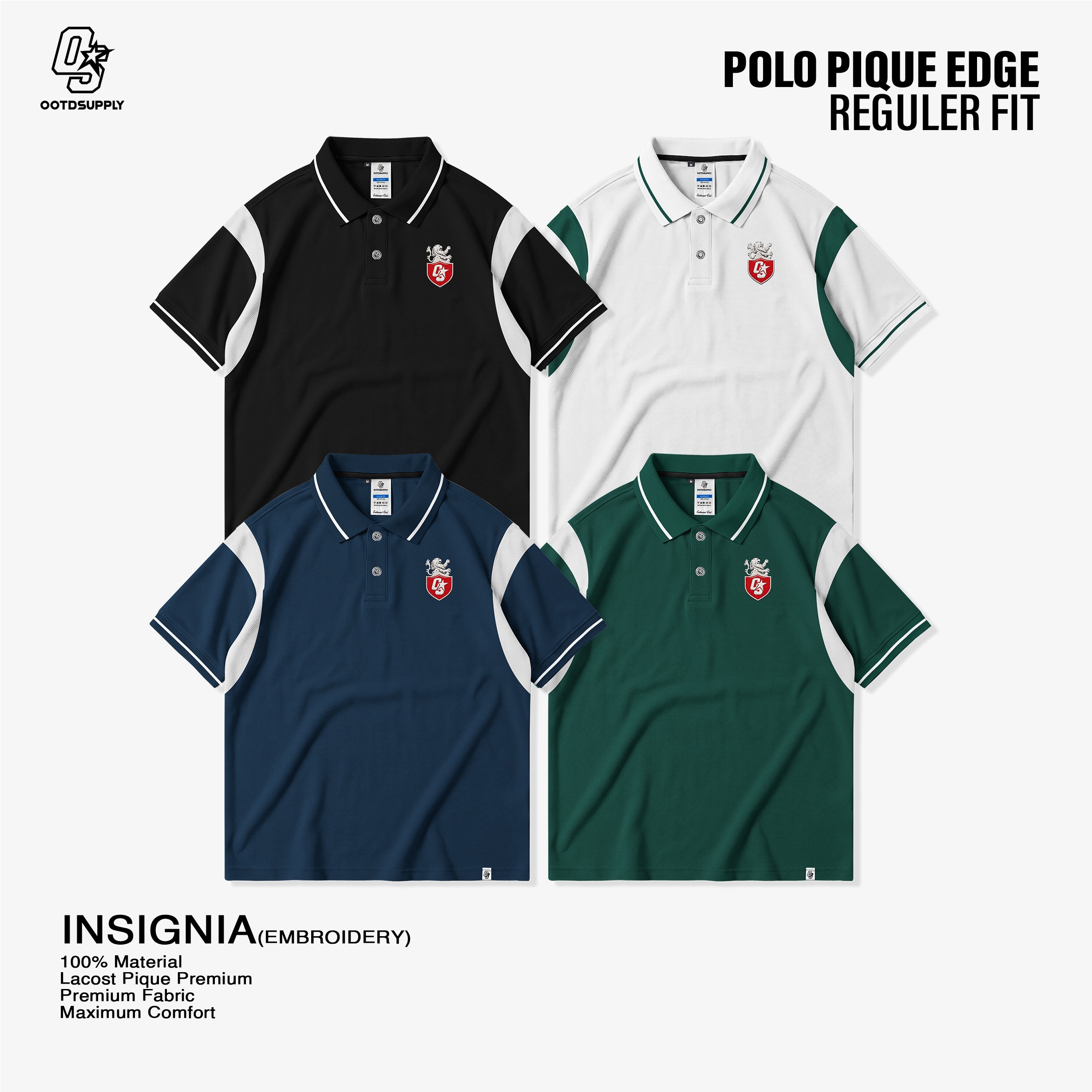 OOTDSUPPLY Polo Shirt Pique Edge Insignia Embroidery l Polo Pique | Kemeja Unisex Kerah Polo Lacost I OS-PSPQ-RGB-EDGE-06E