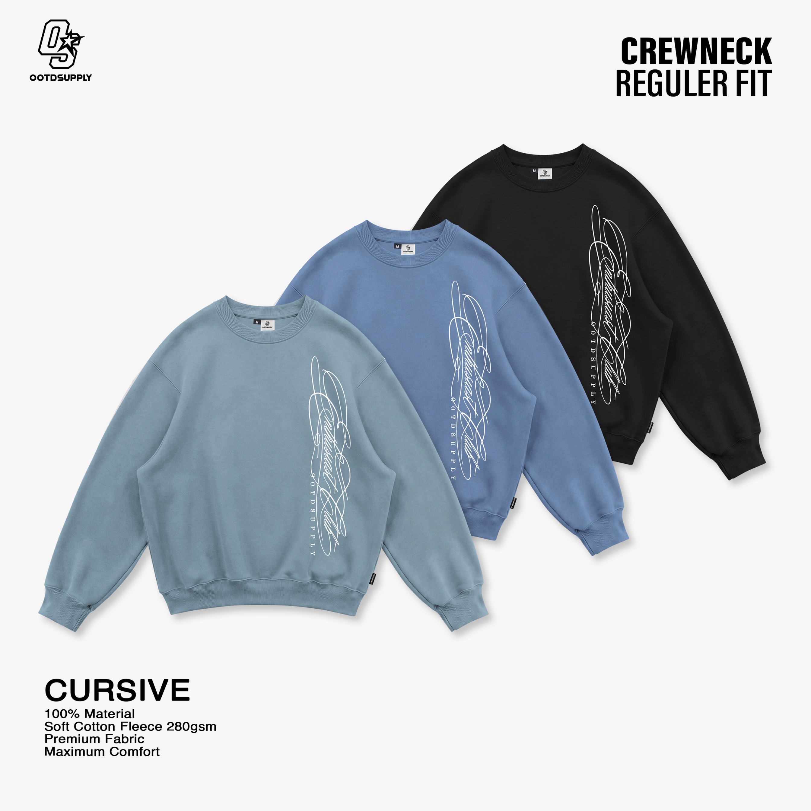 OOTDSUPPLY Crewneck Cursive | Sweater Pria & Wanita | Cotton Fleece Unisex | OS-CN124-LGRY