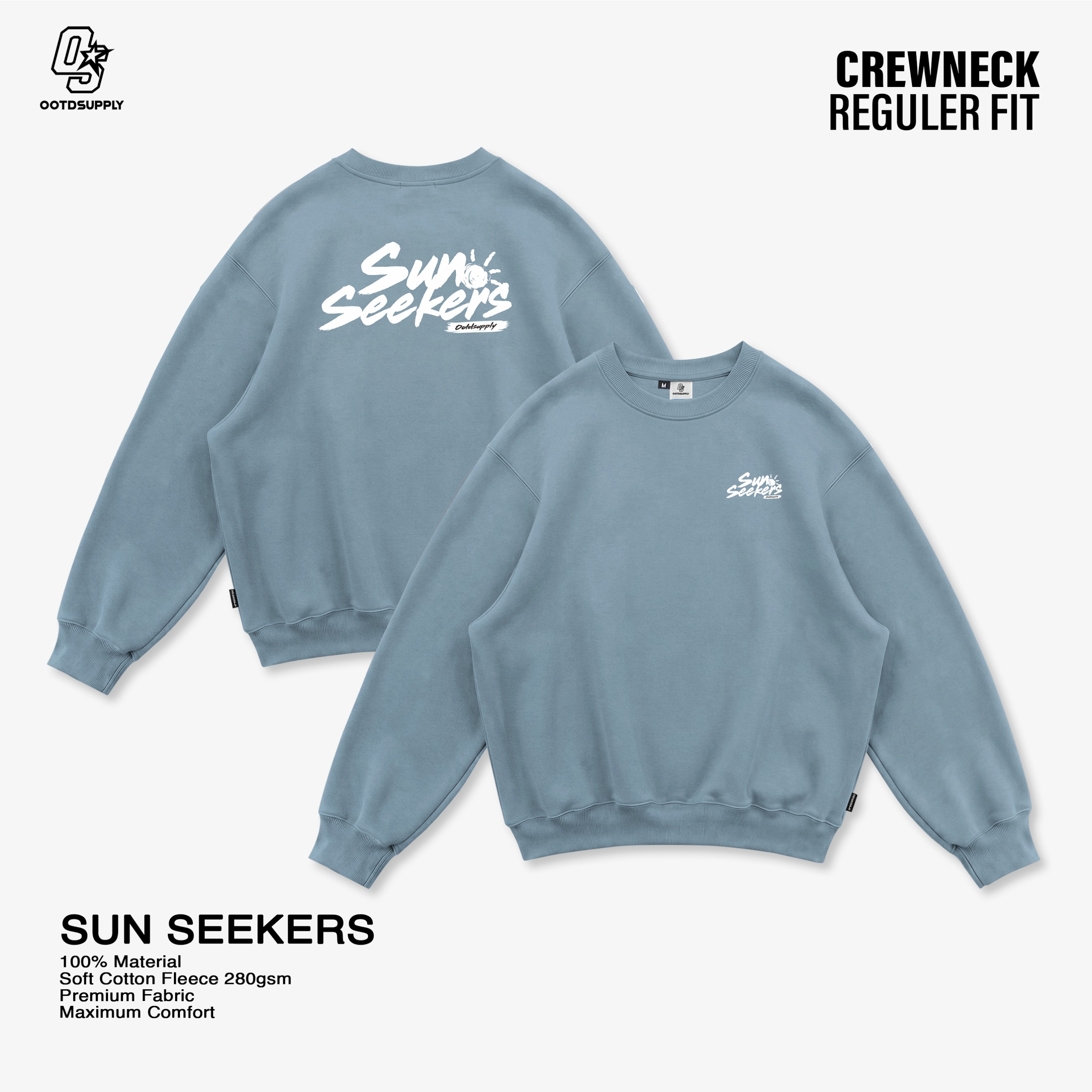 OOTDSUPPLY Crewneck Sun Seekers Light Grey | Sweater Pria & Wanita | Cotton Fleece Unisex | OS-CN126-LGRY