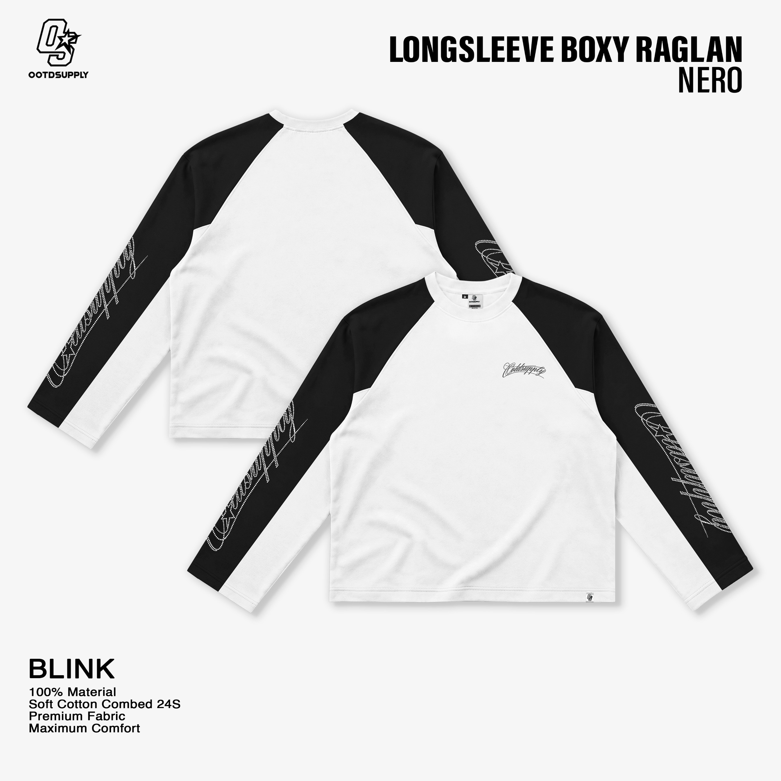 OOTDSUPPLY Longsleeve Boxy Raglan Nero Blink White Black | Kaos Boxyfit | OS-LSBX-RGL-NR-WB-01