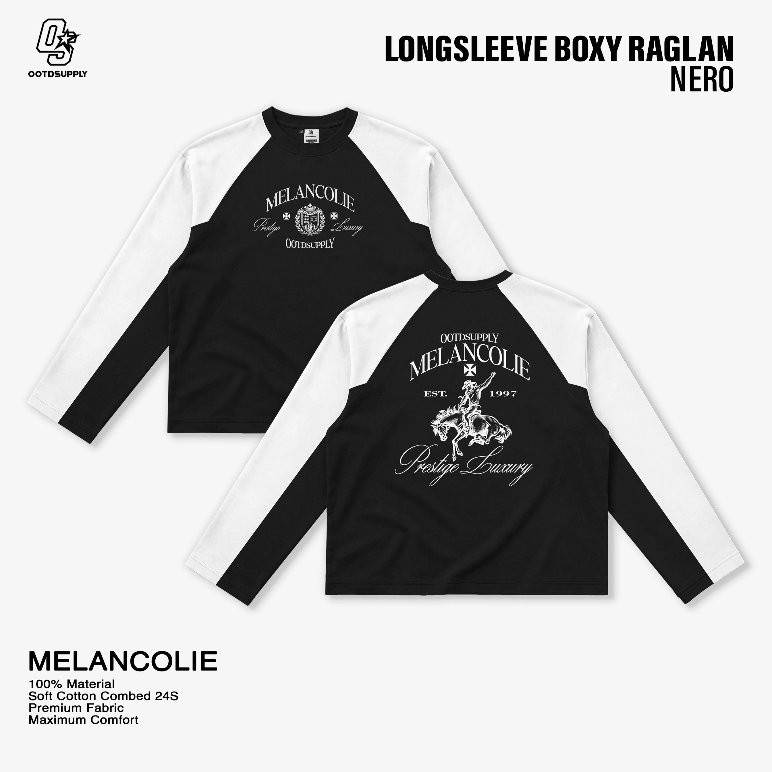 OOTDSUPPLY Longsleeve Boxy Raglan Nero Melancolie Black White | Kaos Boxyfit | OS-LSBX-RGL-NR-BW-02