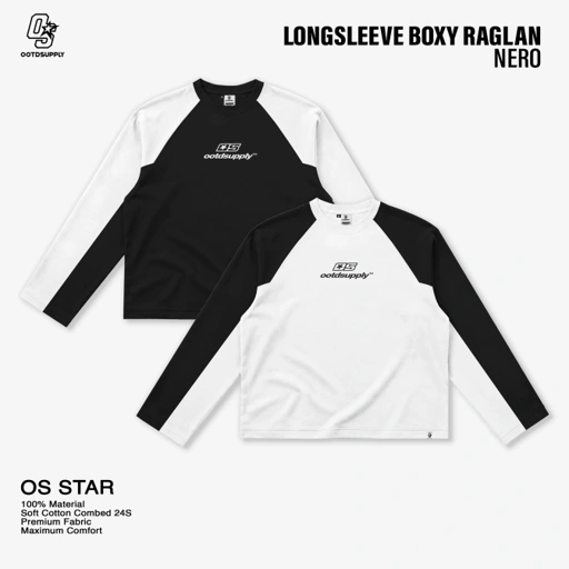 OOTDSUPPLY Longsleeve Boxy Raglan Nero OS Star White - Black | Kaos Boxyfit | OS-LSBX-RGL-NR-WB-03