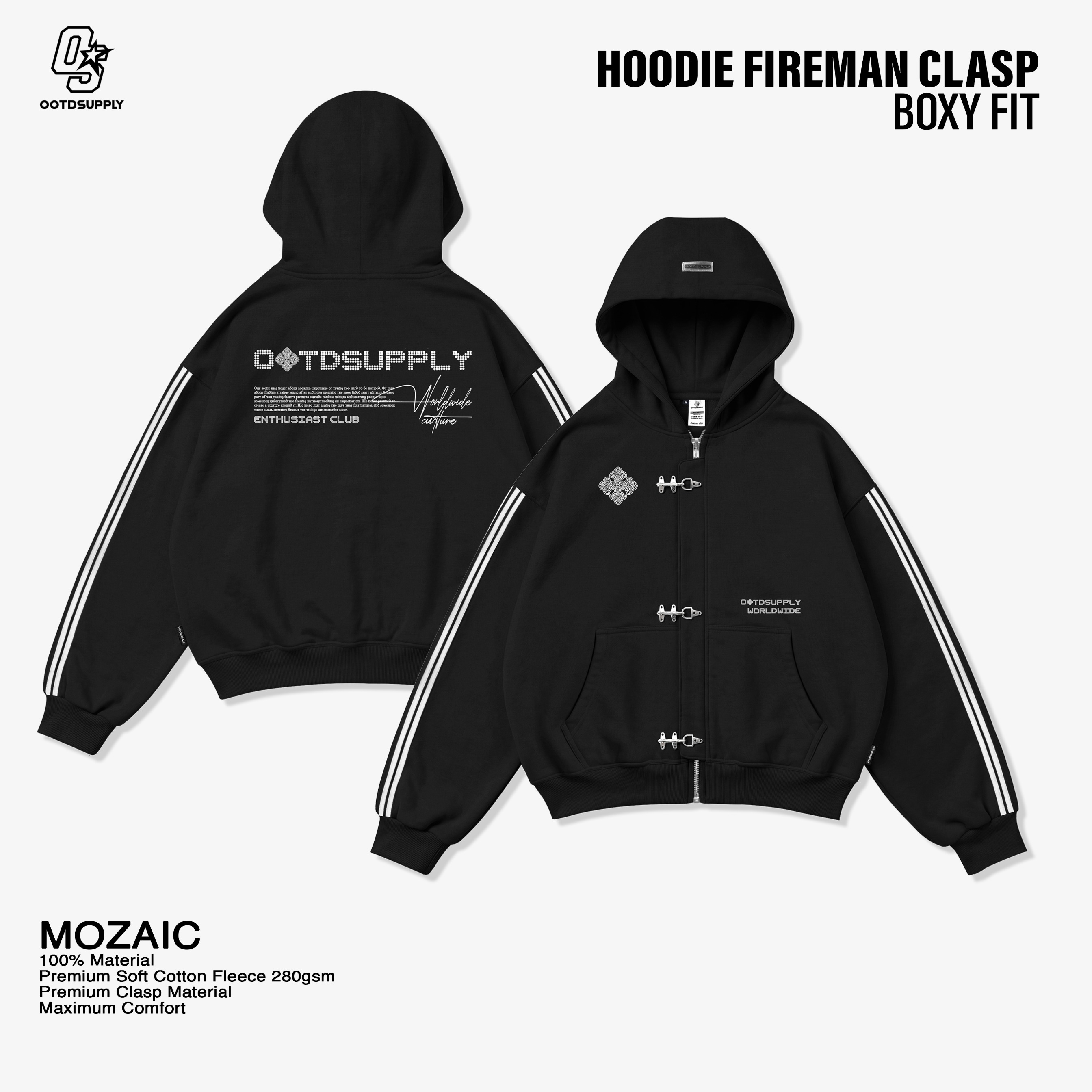 OOTDSUPPLY Hoodie Boxy Zipper Fireman Clasp Mozaic Black | Jaket Boxyfit Streetwear Unisex | OS-HDBX-FRMN-BLK-001
