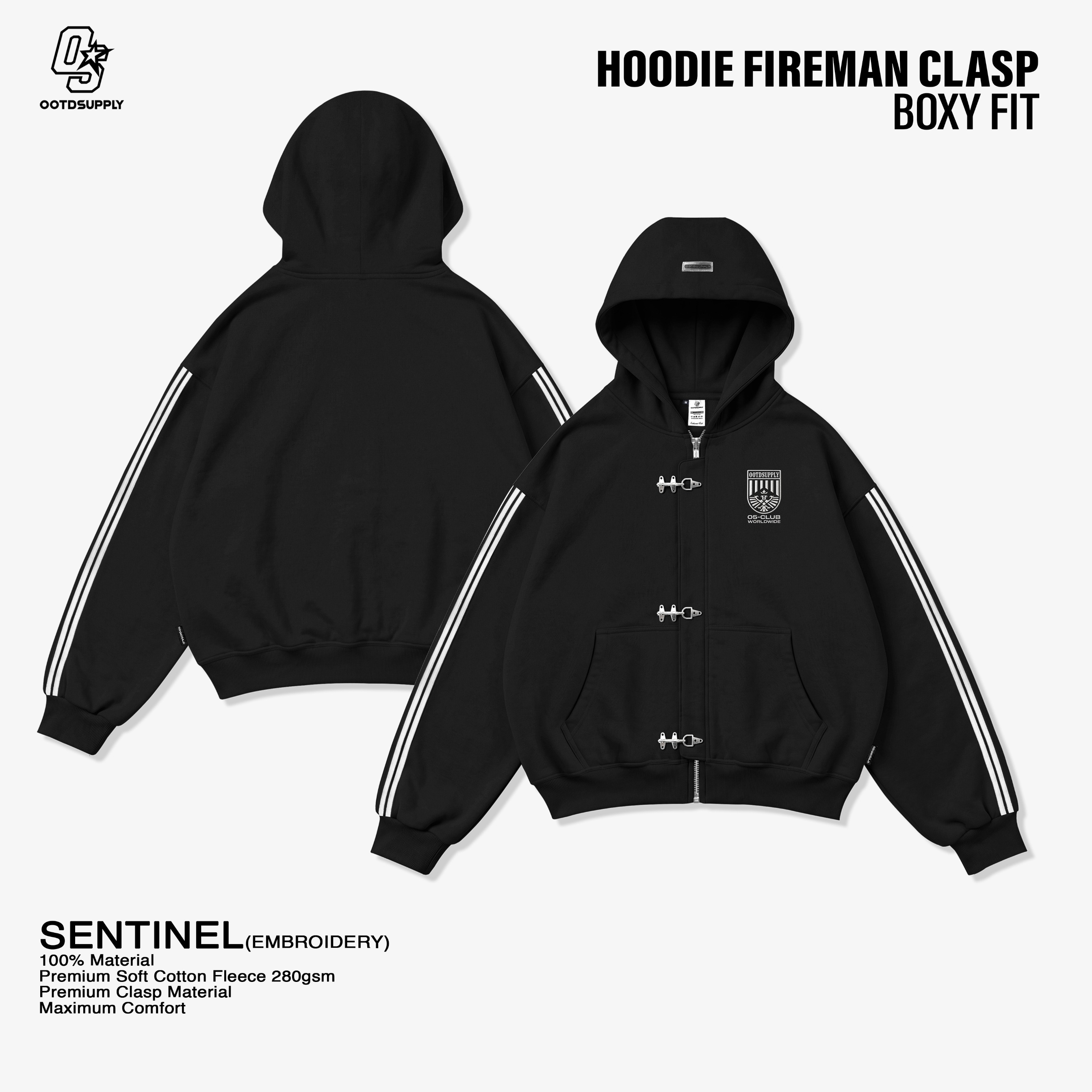 OOTDSUPPLY Hoodie Boxy Zipper Fireman Clasp Sentinel Embroidery Black | Jaket Boxyfit Streetwear Unisex | OS-HDBX-FRMN-BLK-002E