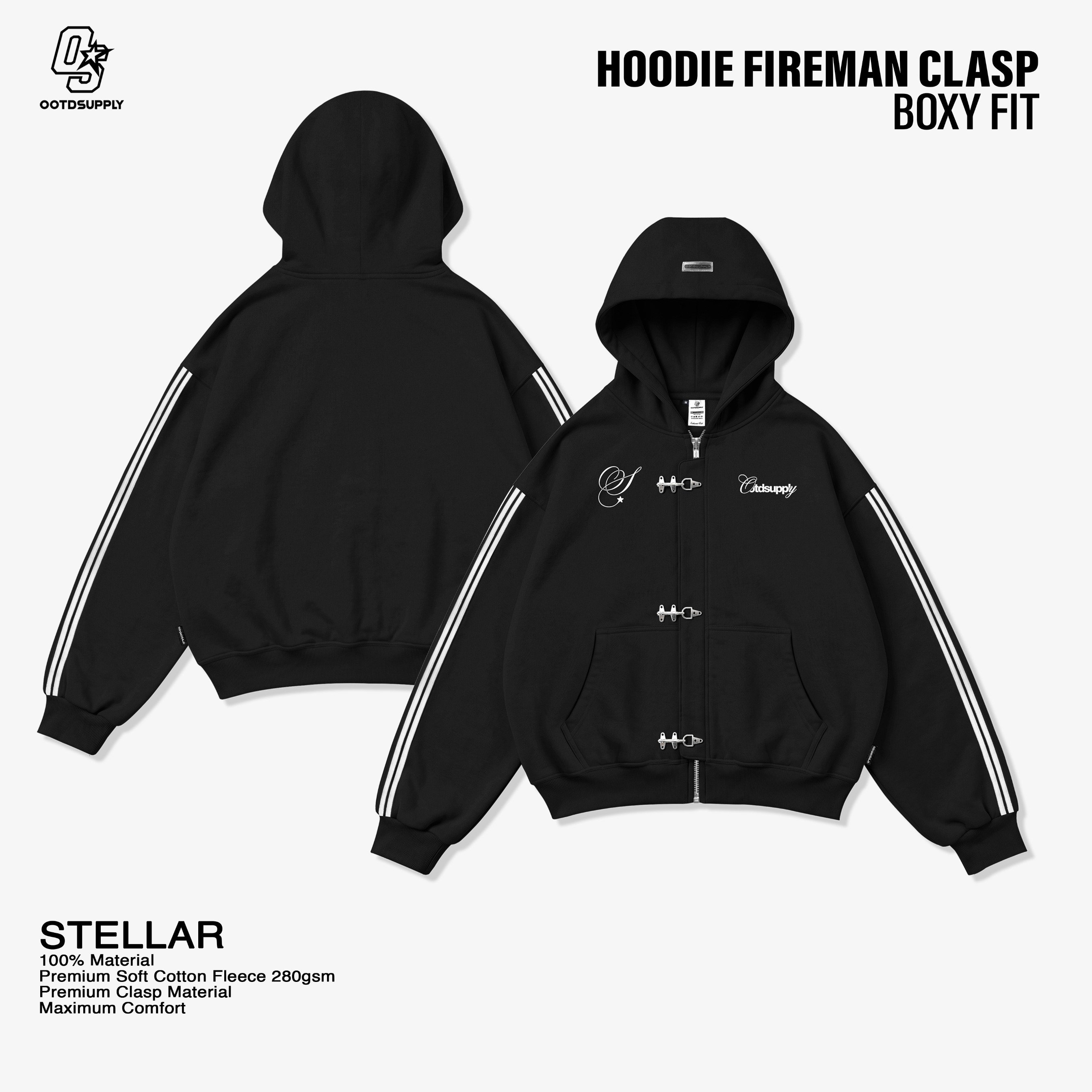 OOTDSUPPLY Hoodie Boxy Zipper Fireman Clasp Stellar Black | Jaket Boxyfit Streetwear Unisex | OS-HDBX-FRMN-BLK-003