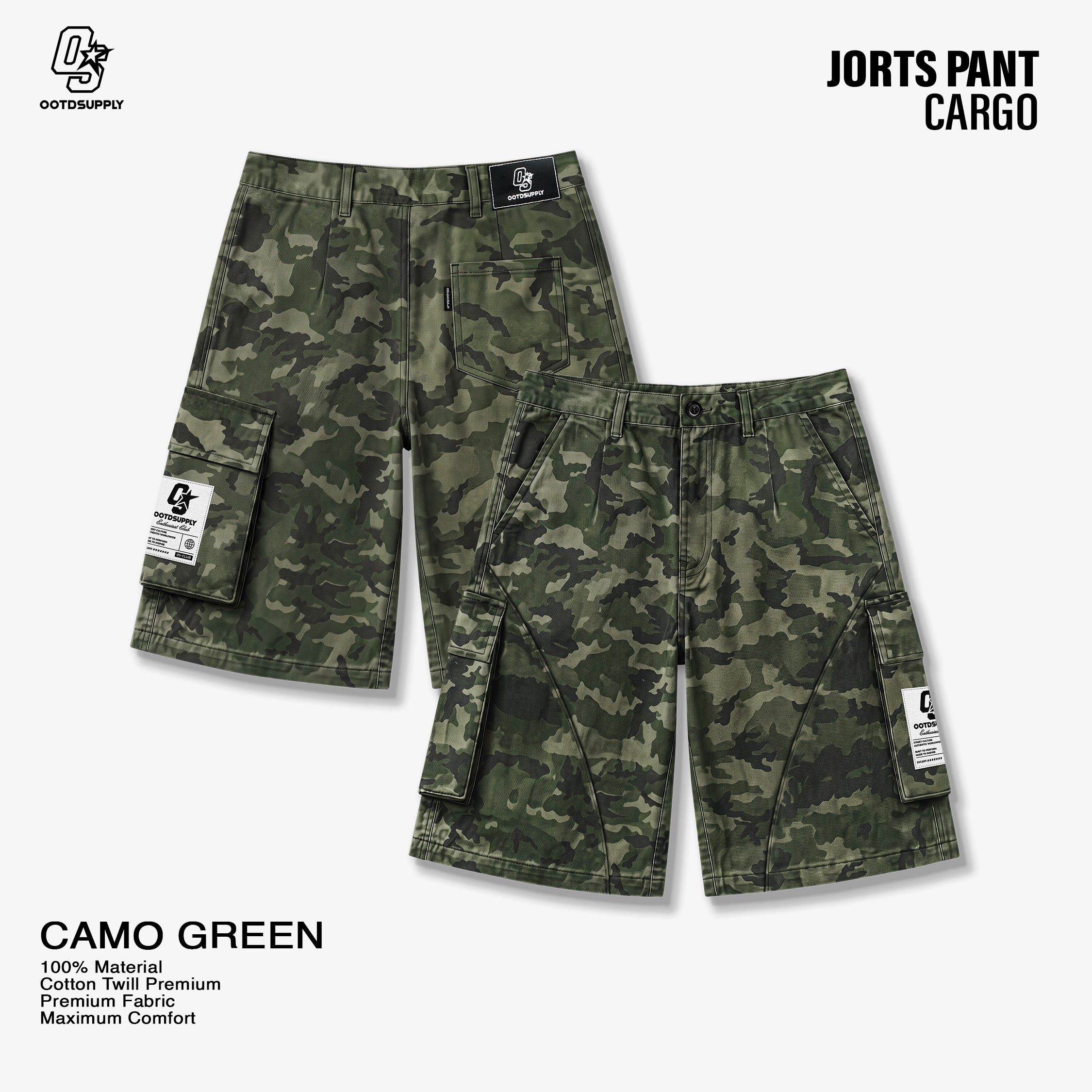 OOTDSUPPLY Jorts Pant Cargo Camo Green Basic | Shortpants Camo | Cargo Loreng Sporty | OS-JPC-CMO-AMY