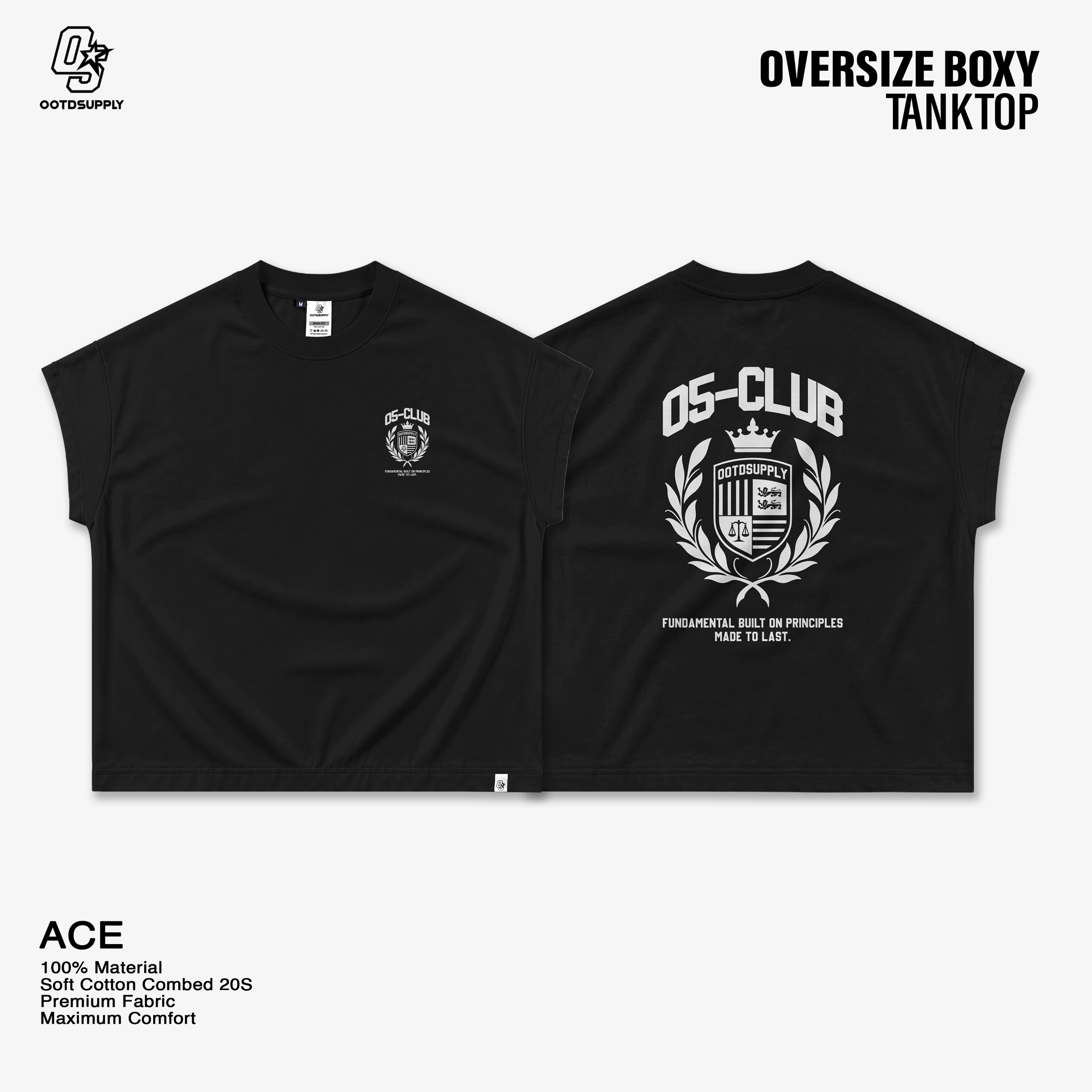 OOTDSUPPLY Oversize Boxy Tanktop Ace Black | Sleeveles Boxy Tee | Singlet Unisex 20s |  OS-OVZ-BX-TNK-BLK-001