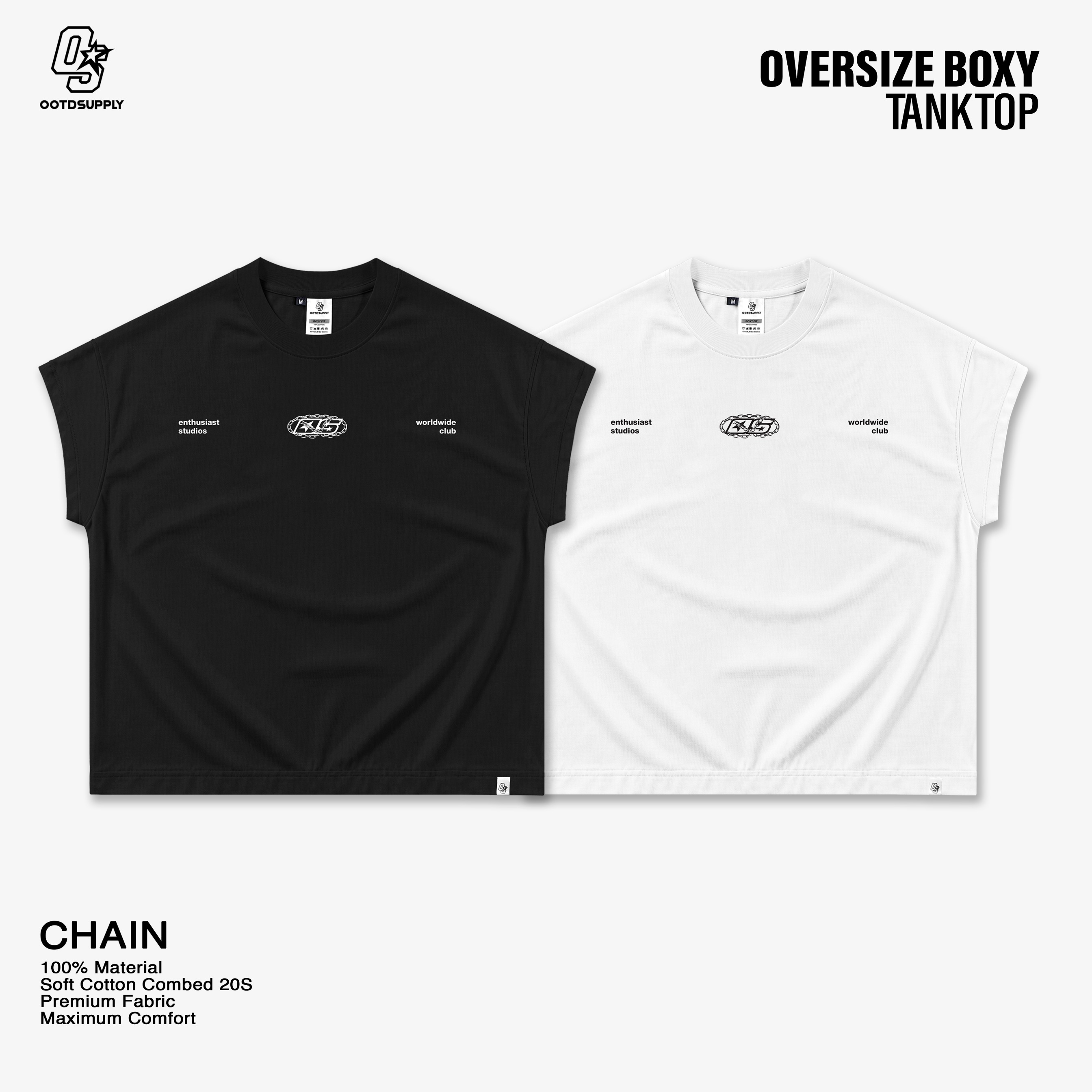 OOTDSUPPLY Oversize Boxy Tanktop Chain Black & White | Sleeveles Boxy Tee | Singlet Unisex 20s | OS-OVZ-BX-TNK-BLK-002