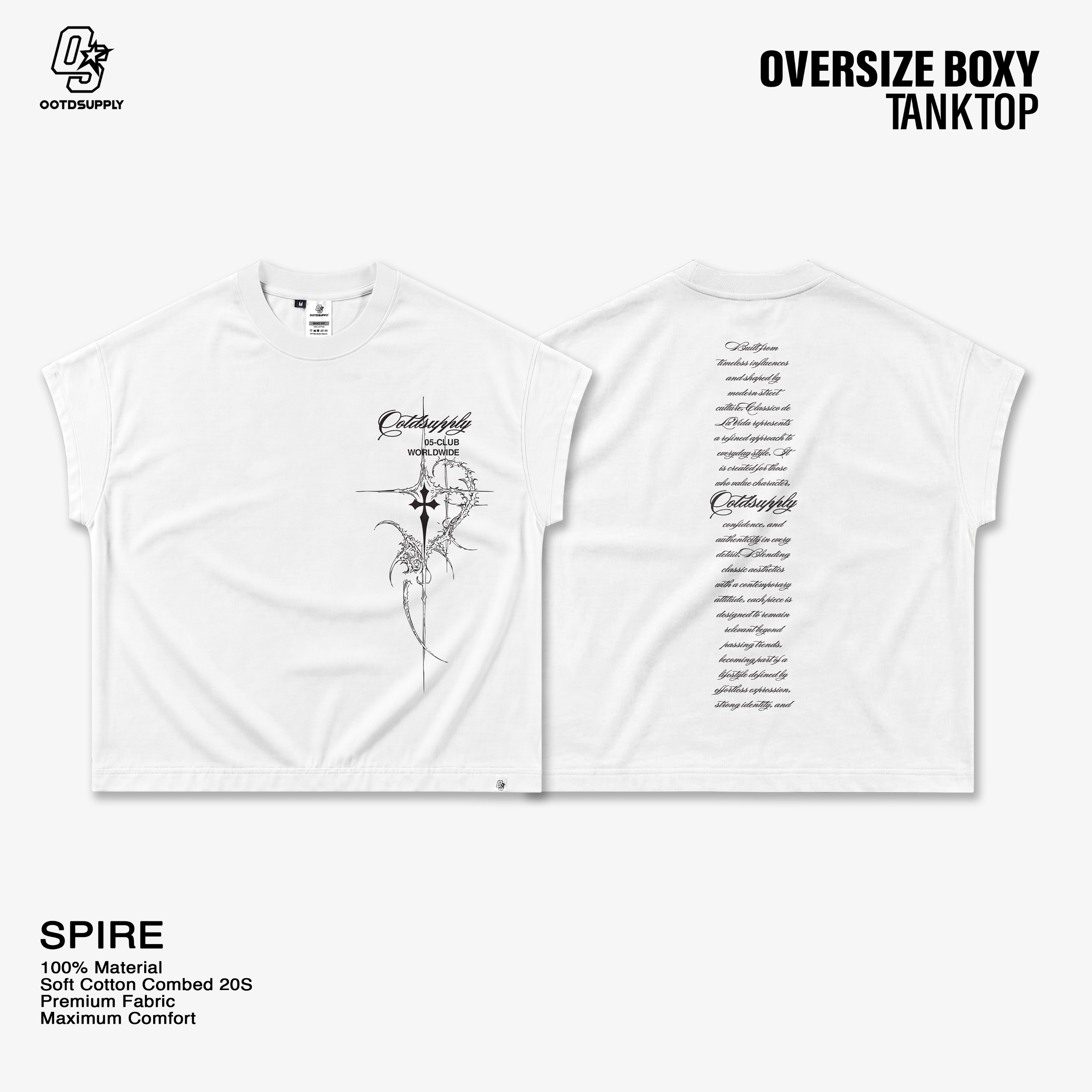 OOTDSUPPLY Oversize Boxy Tanktop Spire White | Sleeveles Boxy Tee | Singlet Unisex 20s | OS-OVZ-BX-TNK-003
