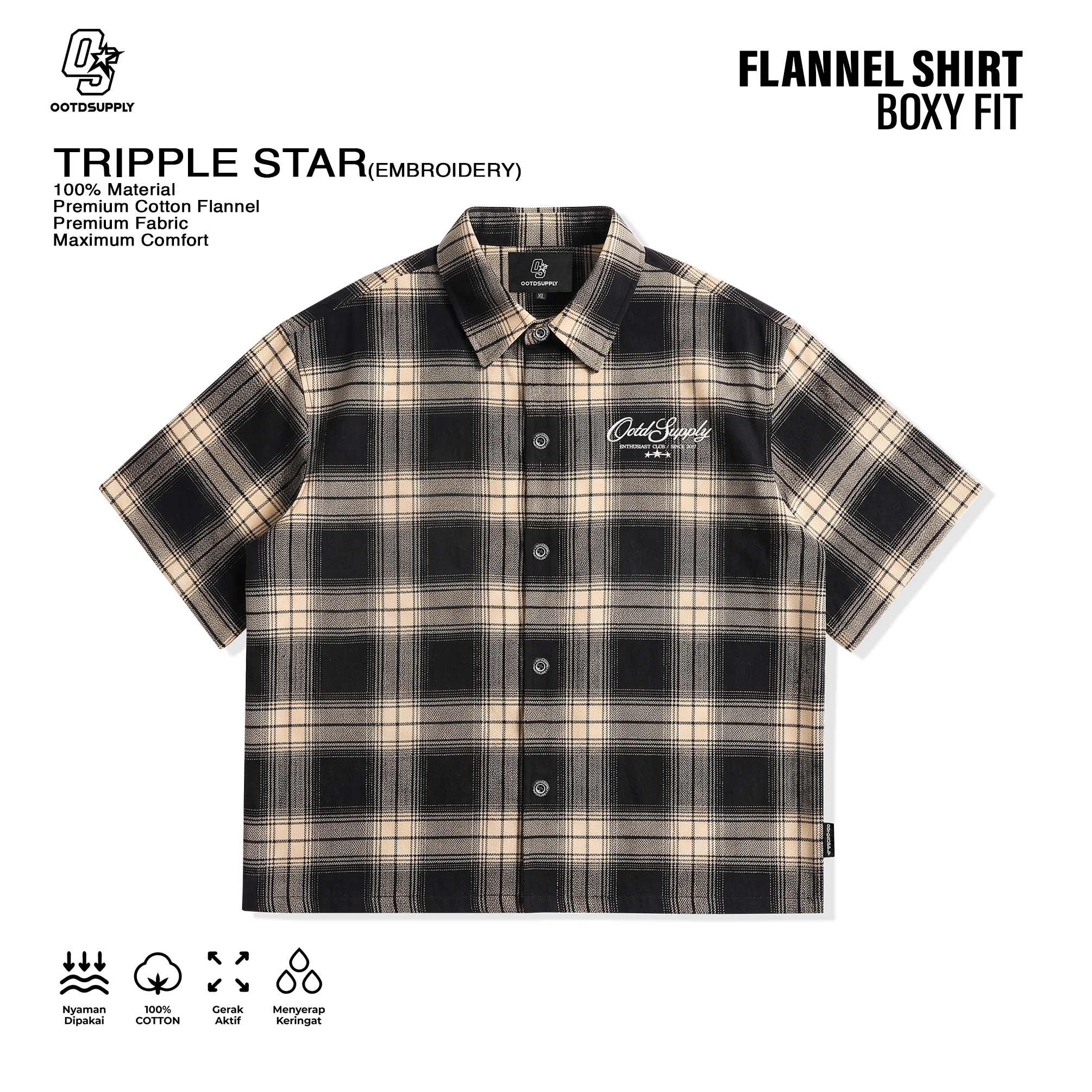 OOTDSUPPLY Kemeja Flannel Tripple Star Embroidery Boxy Oversize | Workshirt Flannel Lengan Pendek Pria Wanita | Casual Streetwear | OS-KMJFL01-01E