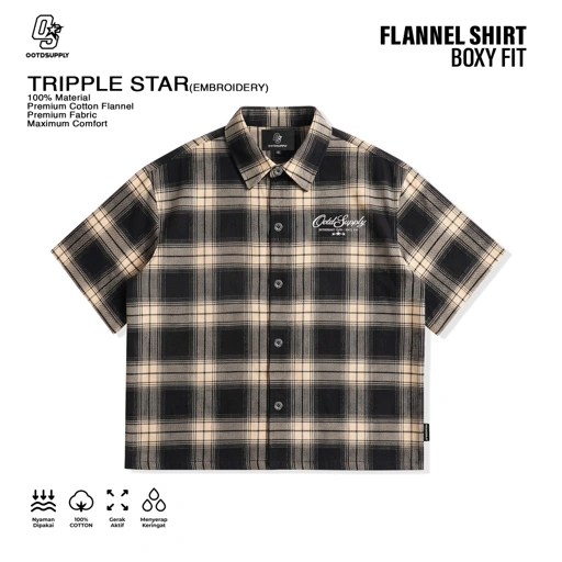 OOTDSUPPLY Kemeja Flannel Tripple Star Embroidery Boxy Oversize | Workshirt Flannel Lengan Pendek Pria Wanita | Casual Streetwear | OS-KMJFL01-01E