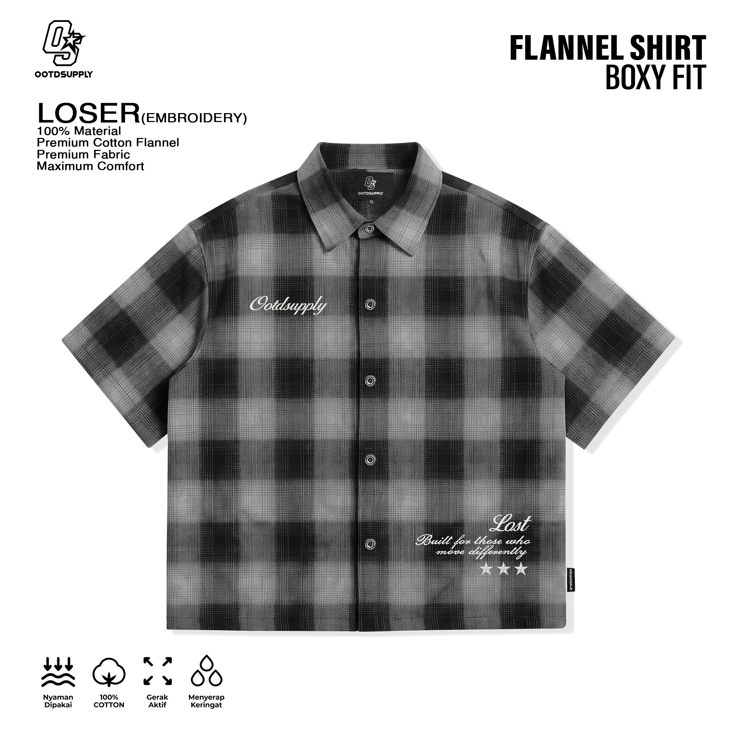 OOTDSUPPLY Kemeja Flannel Loser Embroidery Boxy Oversize | Workshirt Flannel Lengan Pendek Pria Wanita | Casual Streetwear | OS-KMJFL01-02E