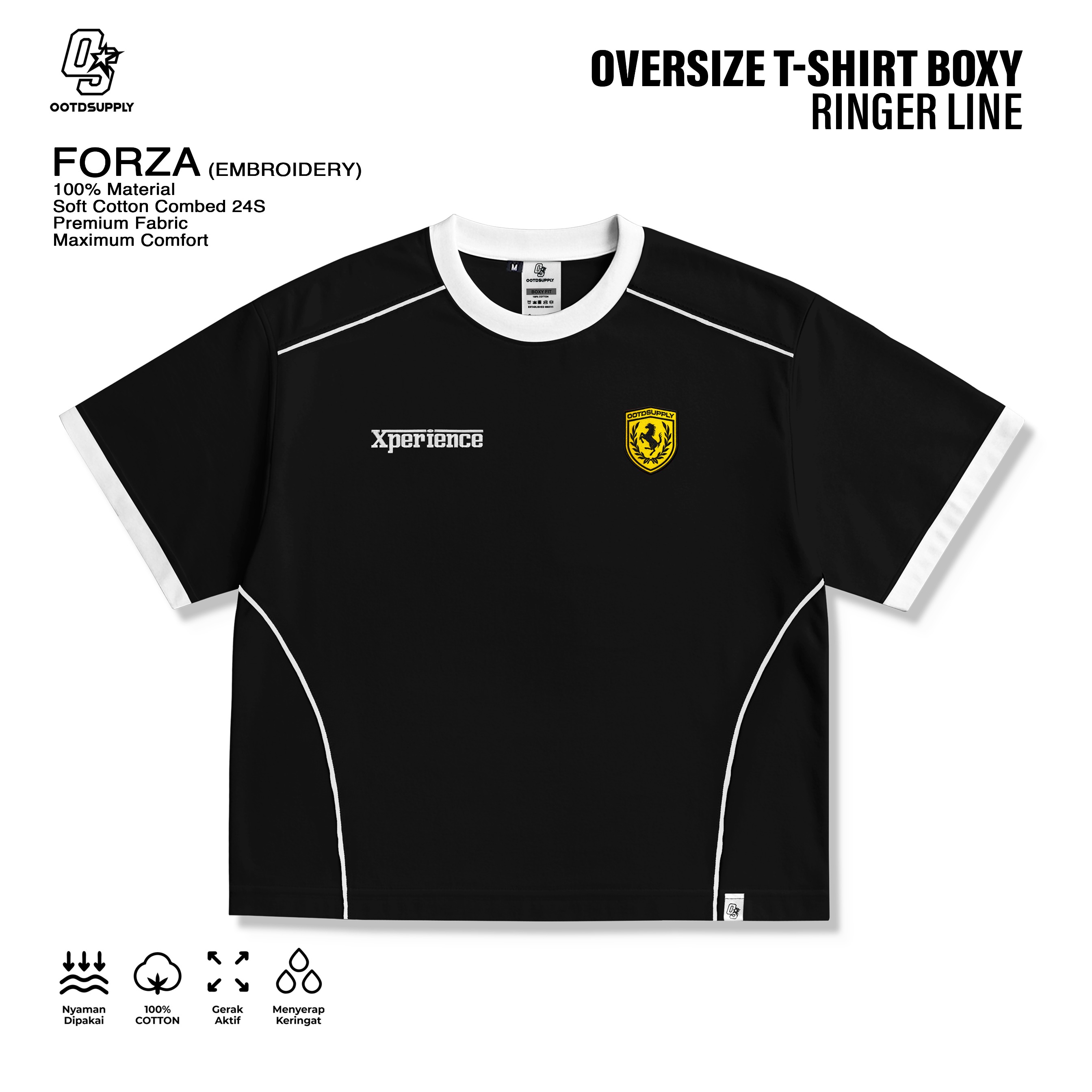 OOTDSUPPLY Oversize Boxy Ringer Line Forza Embroiderry Red Chili & Black l Kaos Boxy Unisex Ringer Series | OS-OVZ-BX-RL-RC-001E