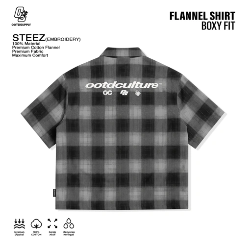 OOTDSUPPLY Kemeja Flannel Steez Embroidery Boxy Oversize | Workshirt Flannel Lengan Pendek Pria Wanita | Casual Streetwear | OS-KMJFL02-03E