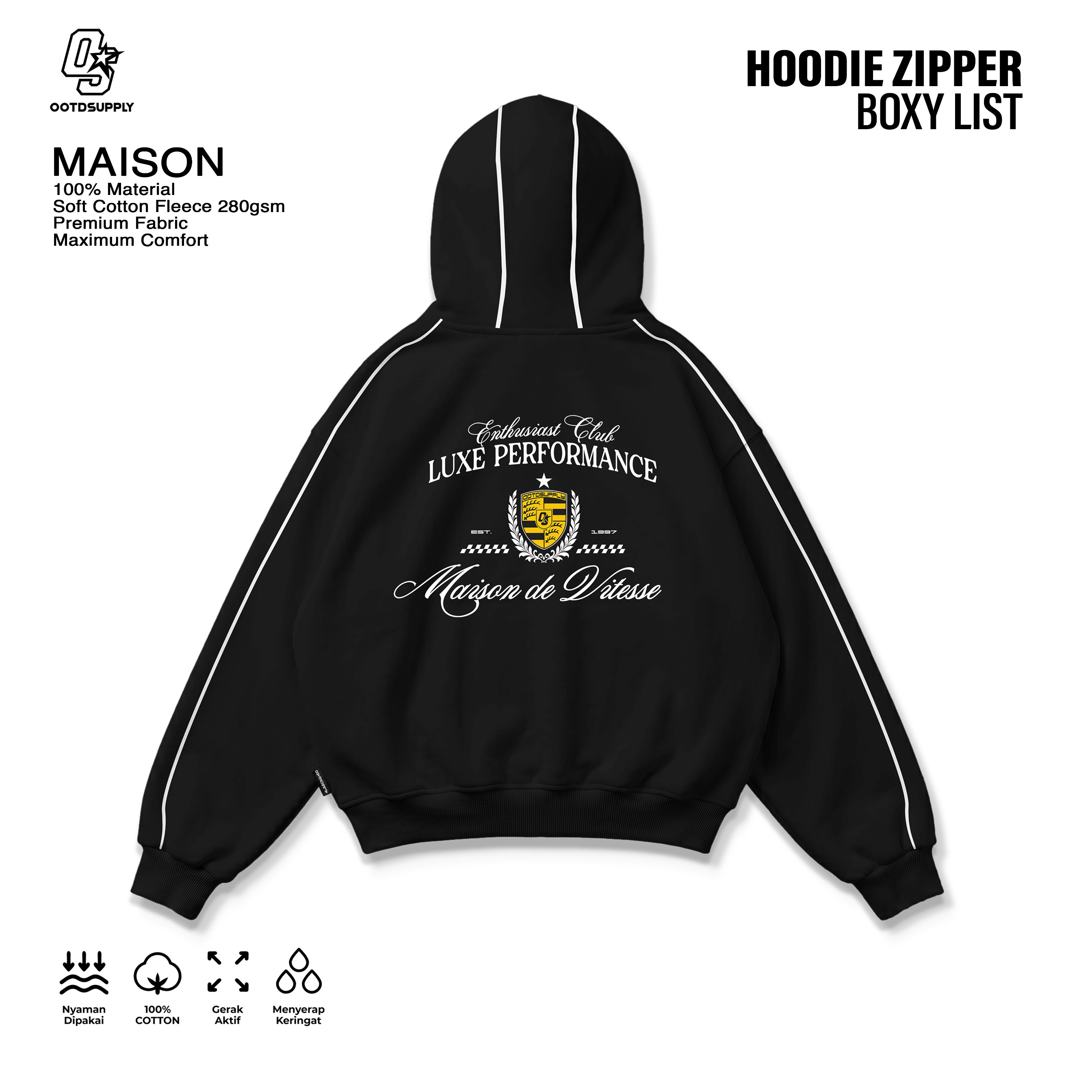 OOTDSUPPLY Hoodie Zipper BoxyFit Maison Red & Black l Hoodie Boxy Zipper List Series | OS-HDBX-ZP-LIST-RC-003