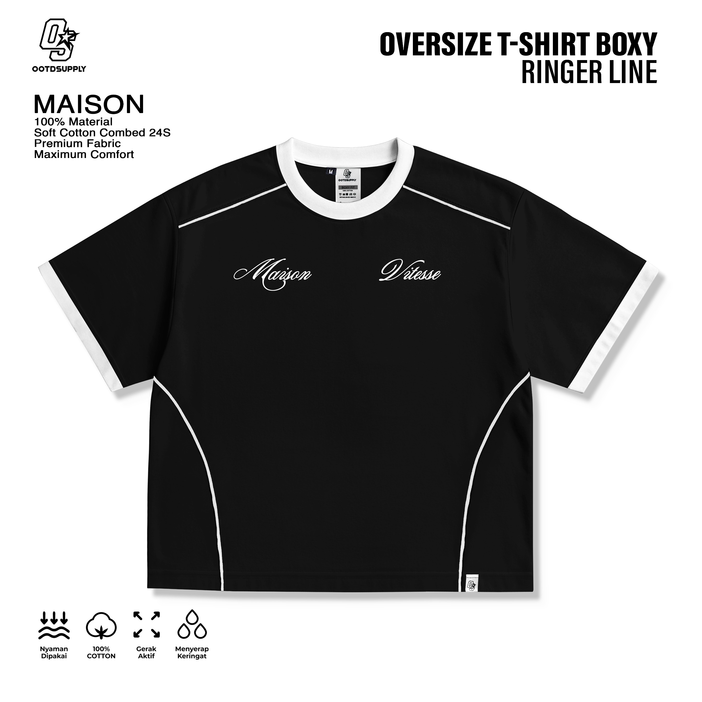 OOTDSUPPLY Oversize Boxy Ringer Line Maison Red Chili & Black l Kaos Boxy Unisex Ringer Series | OS-OVZ-BX-RL-RC-003