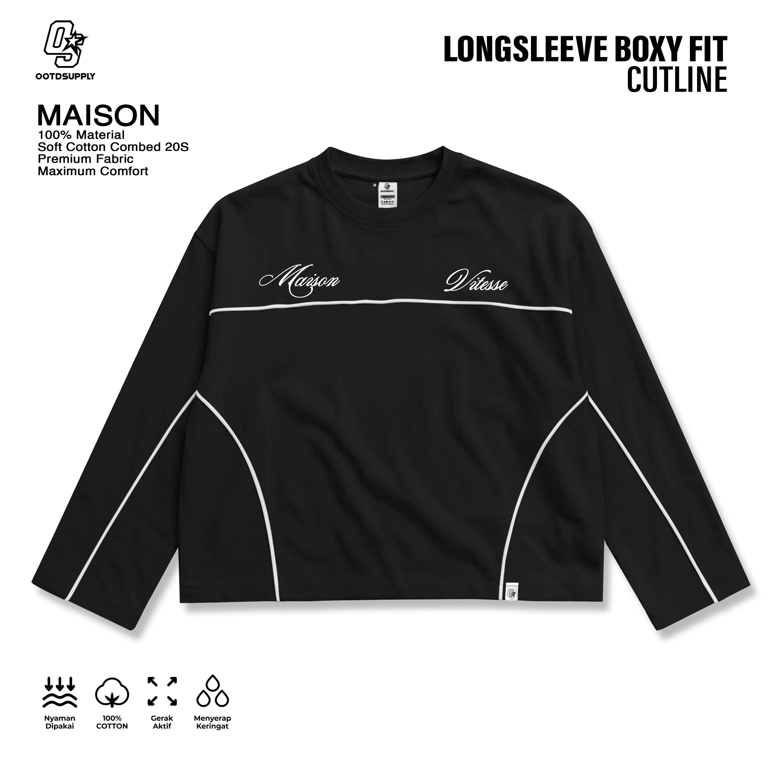 OOTDSUPPLY Longsleeve Boxy Cutline Maison Red Chili & Black l Kaos Panjang Boxy List Unisex | LS-BX-CL-007