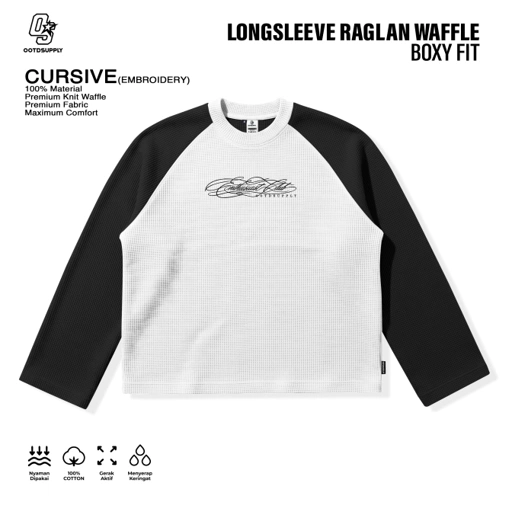 OOTDSUPPLY Longsleeve Boxy Raglan Waffle Cursive Embroidery White Black | Kaos Oversize Lengan Panjang Pria Wanita | Streetwear Unisex | OS-LSBX-RGL-WFL-WB-002E