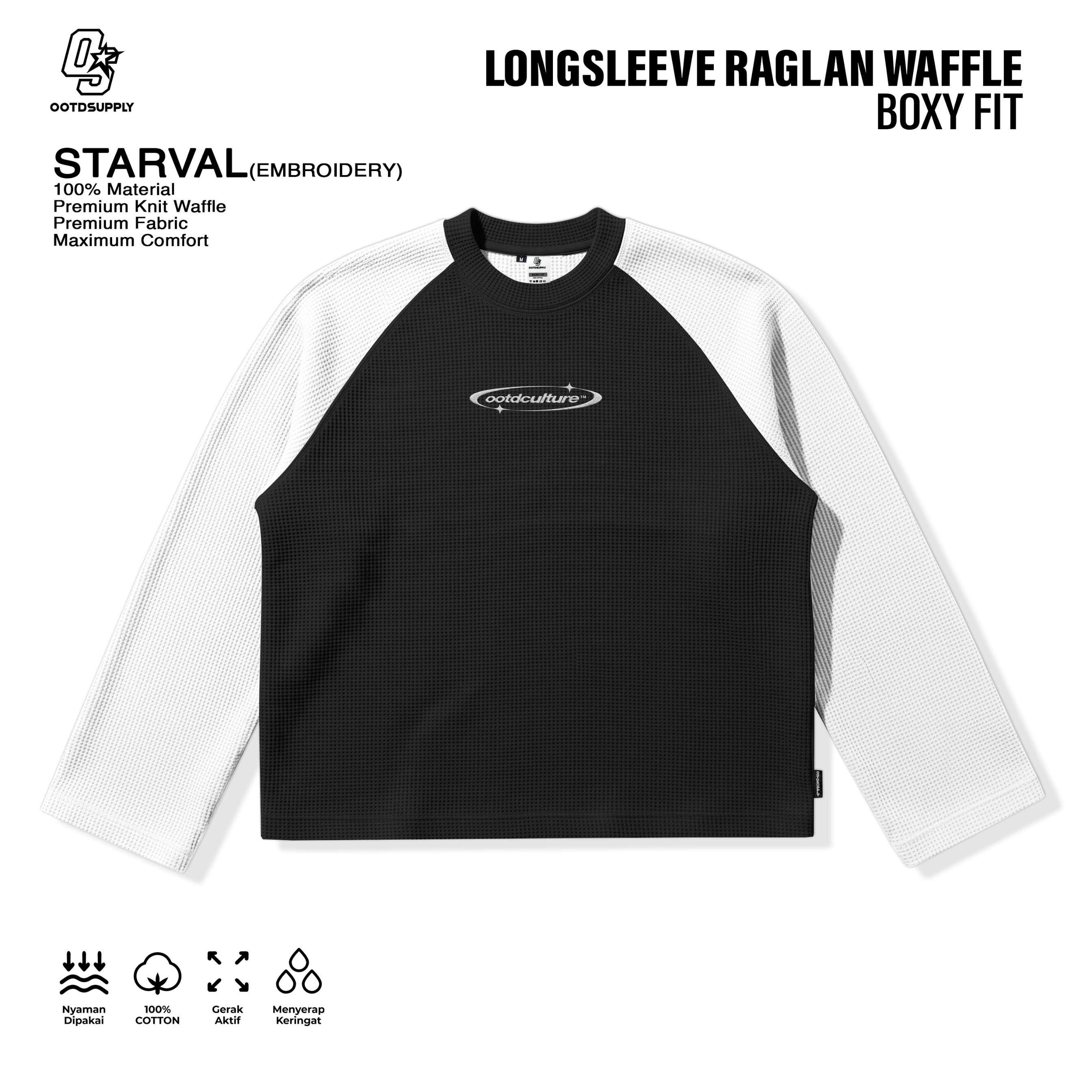 OOTDSUPPLY Longsleeve Boxy Raglan Waffle Starval Embroidery Black White | Kaos Oversize Lengan Panjang Pria Wanita | Streetwear Unisex | OS-LSBX-RGL-WFL-BW-003E